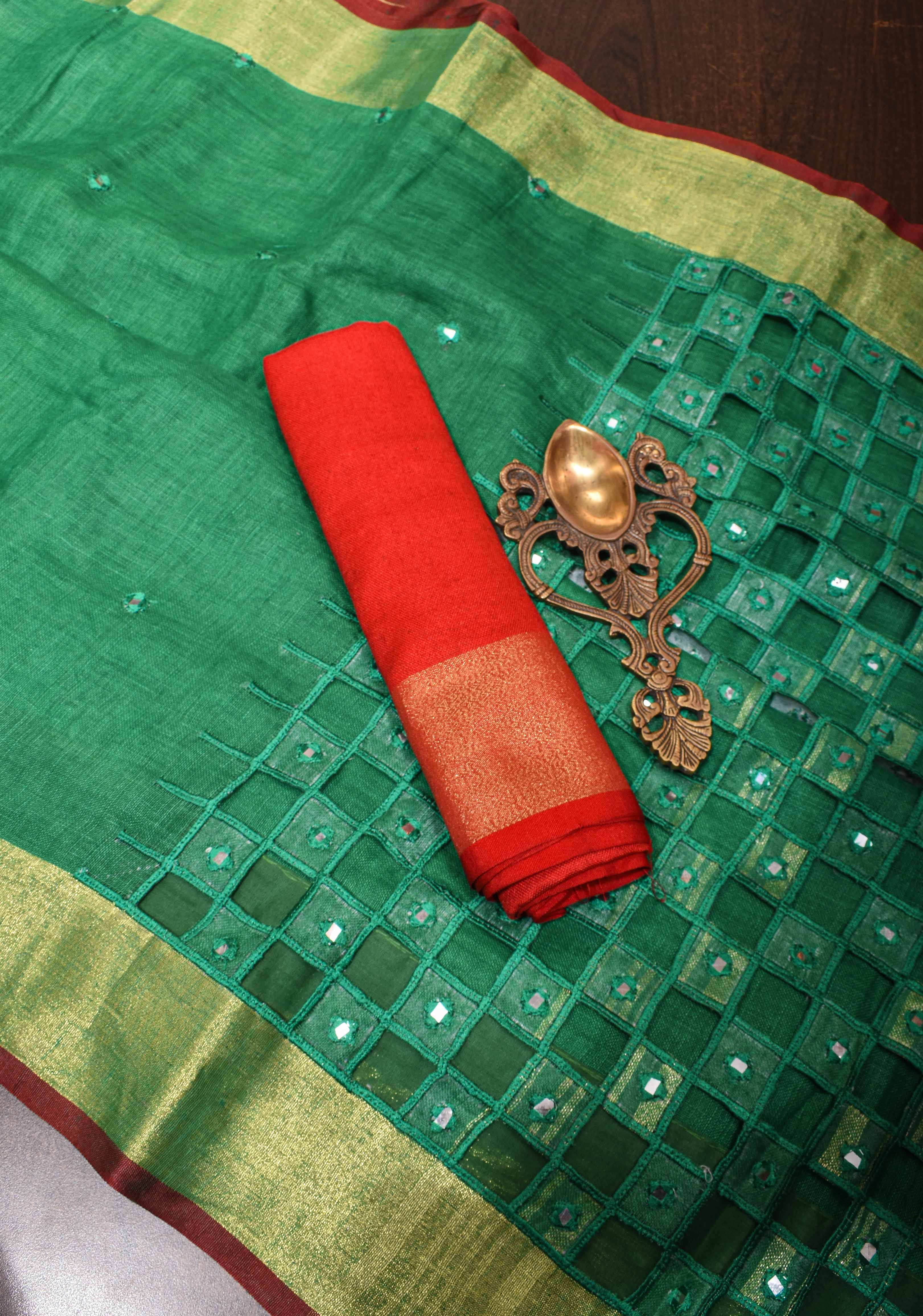 Jaali Pallu - Linen by Linen Cutwork and Mirrorwork Saree in Sea Green | Shobitam