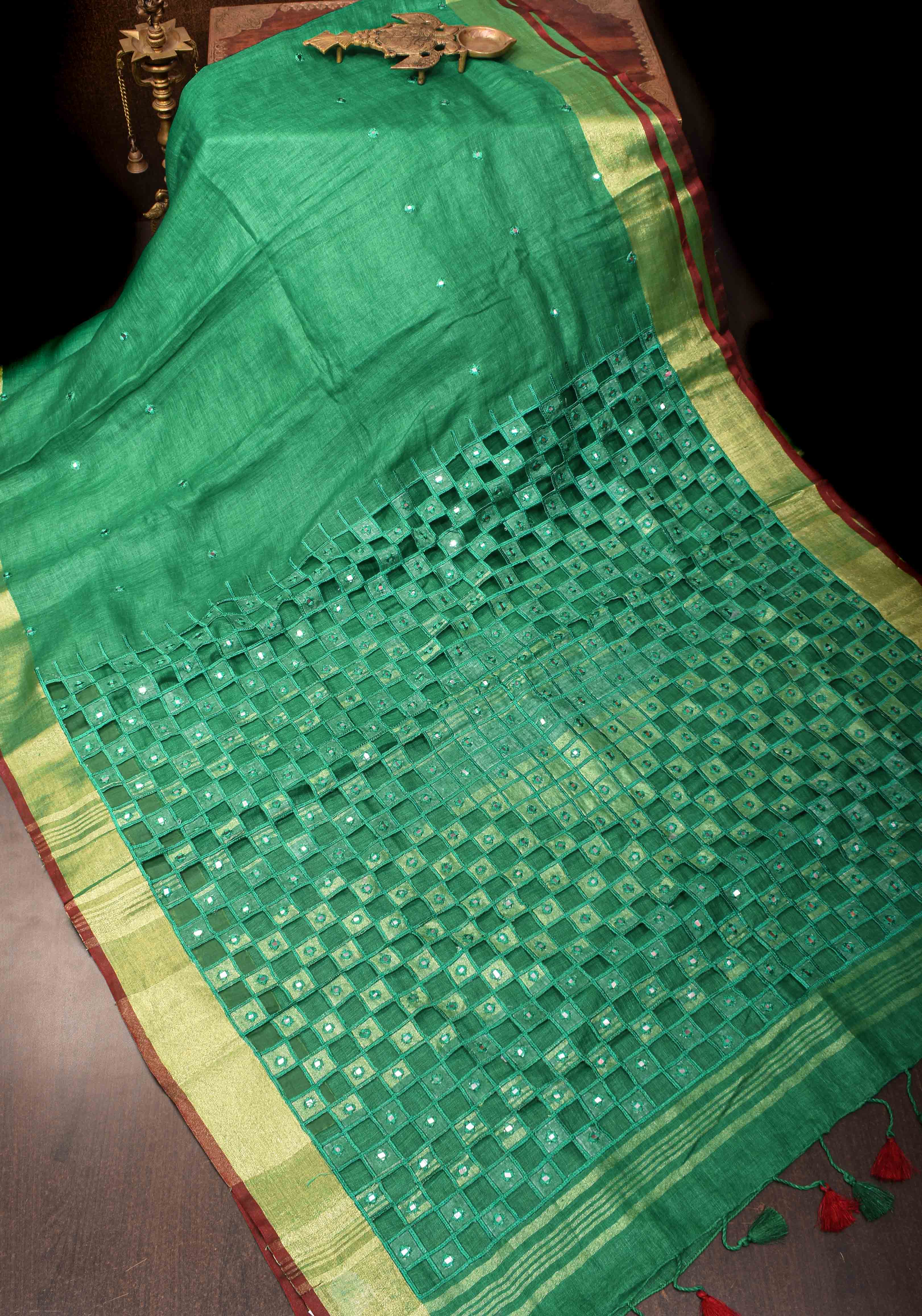Jaali Pallu - Linen by Linen Cutwork and Mirrorwork Saree in Sea Green | Shobitam