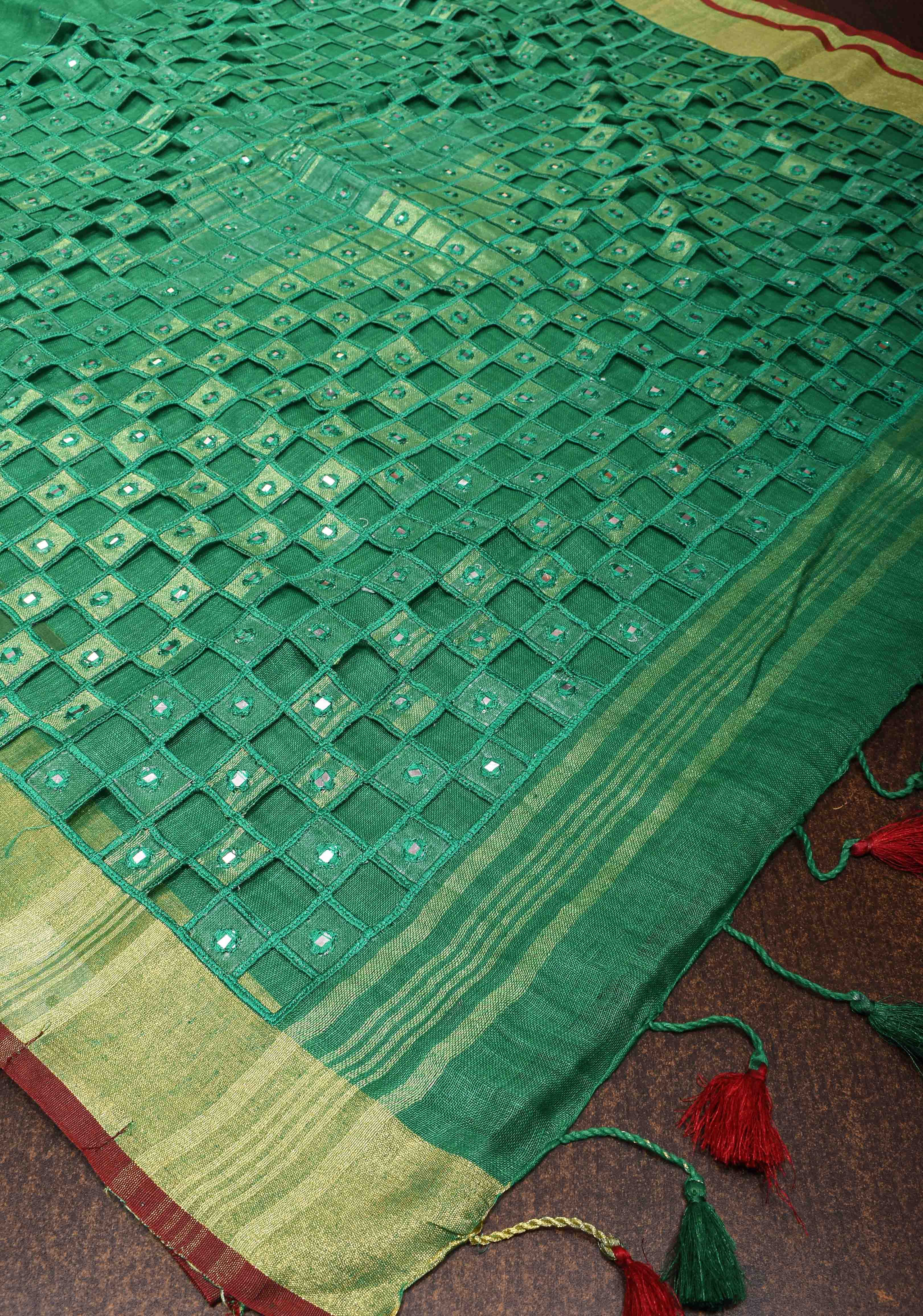 Jaali Pallu - Linen by Linen Cutwork and Mirrorwork Saree in Sea Green | Shobitam