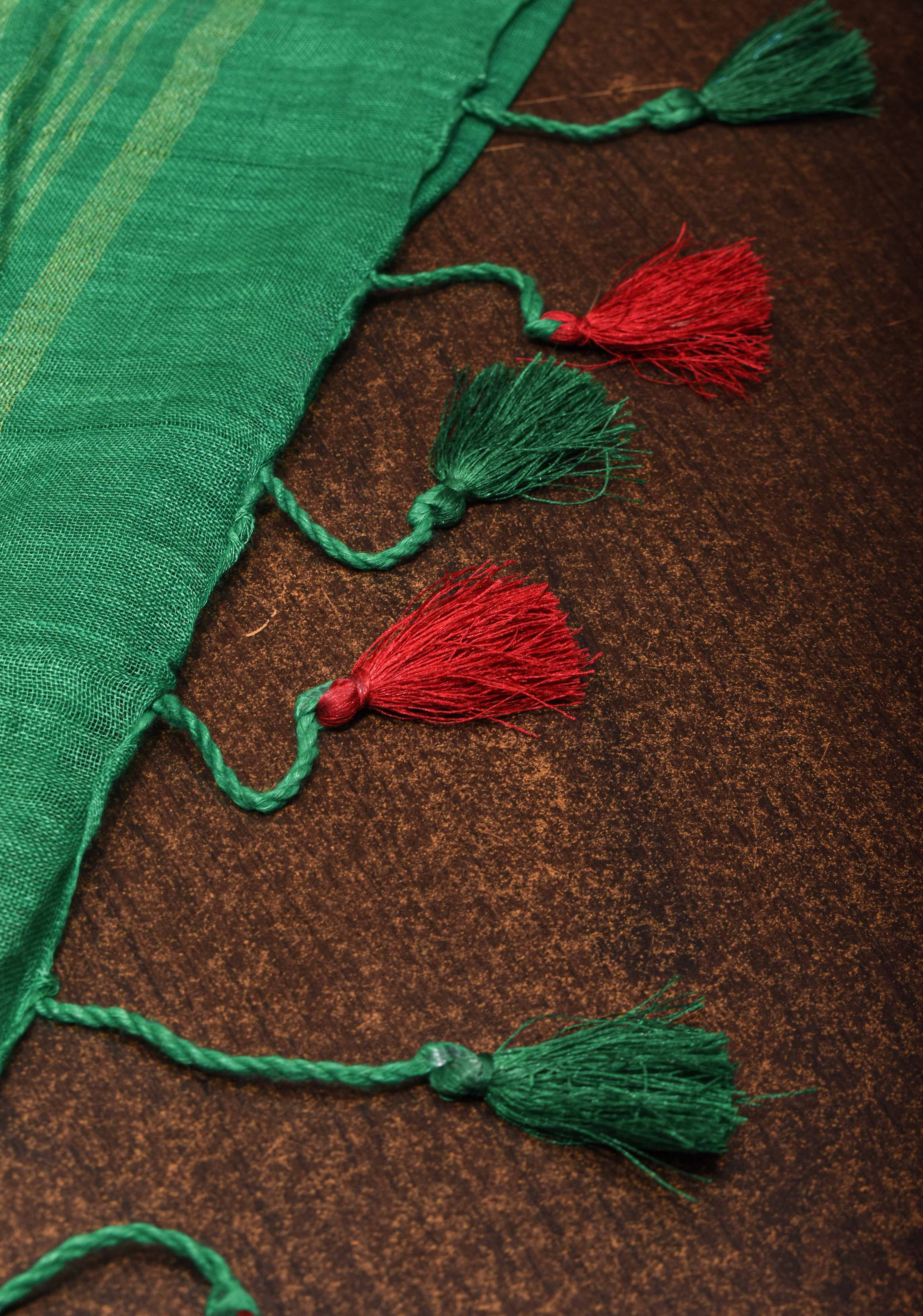 Jaali Pallu - Linen by Linen Cutwork and Mirrorwork Saree in Sea Green | Shobitam