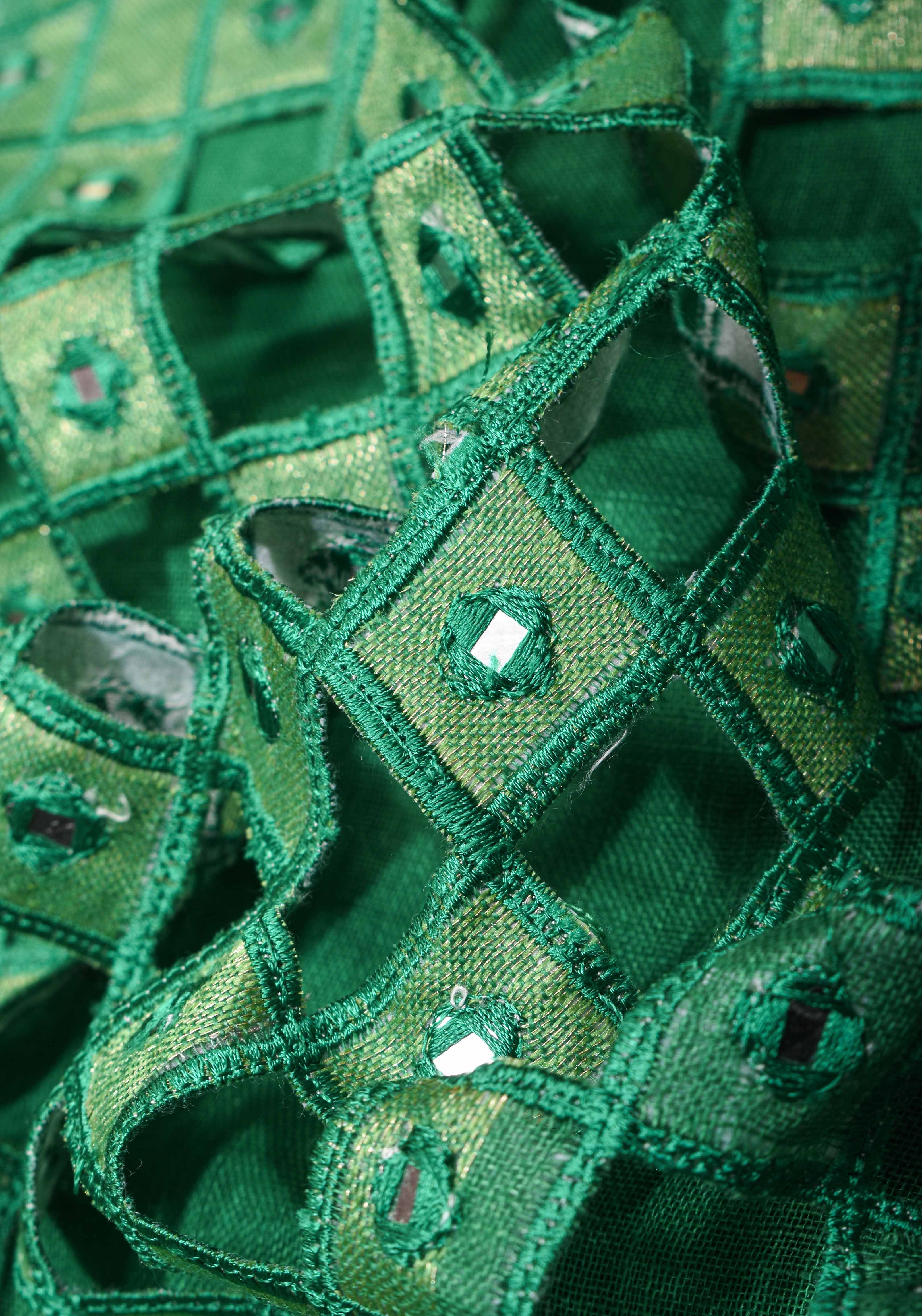 Jaali Pallu - Linen by Linen Cutwork and Mirrorwork Saree in Sea Green | Shobitam