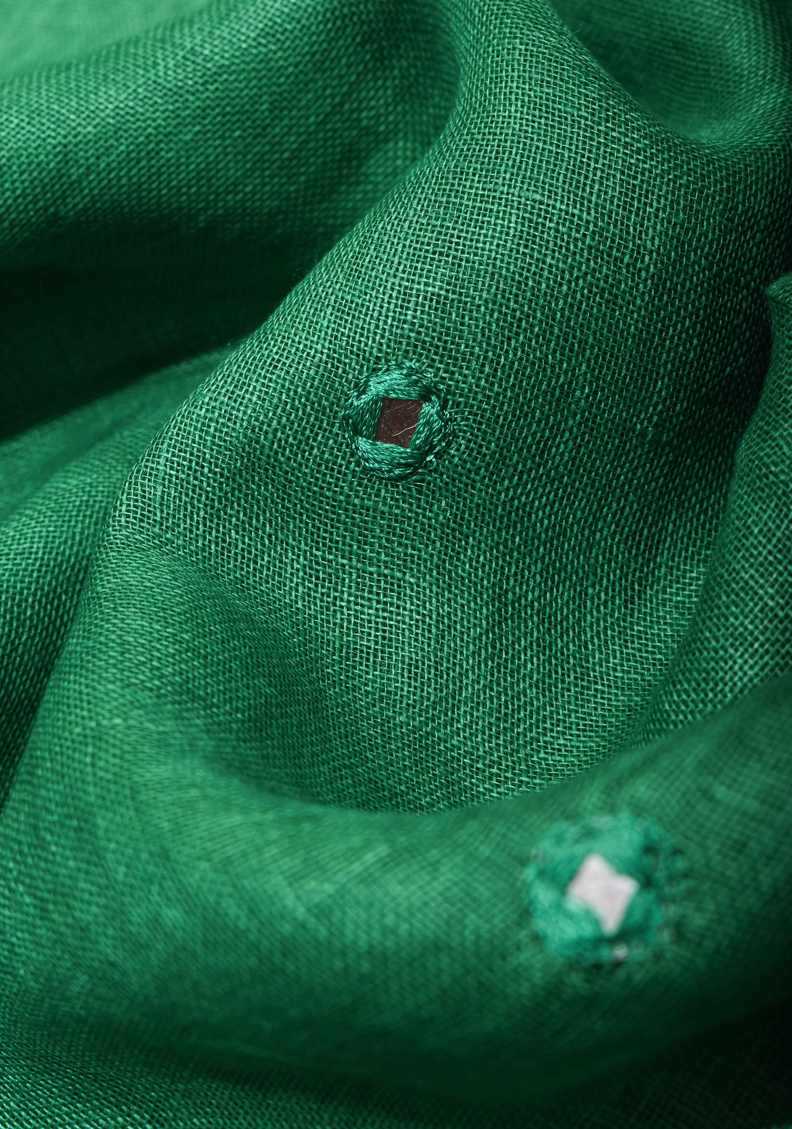 Jaali Pallu - Linen by Linen Cutwork and Mirrorwork Saree in Sea Green | Shobitam