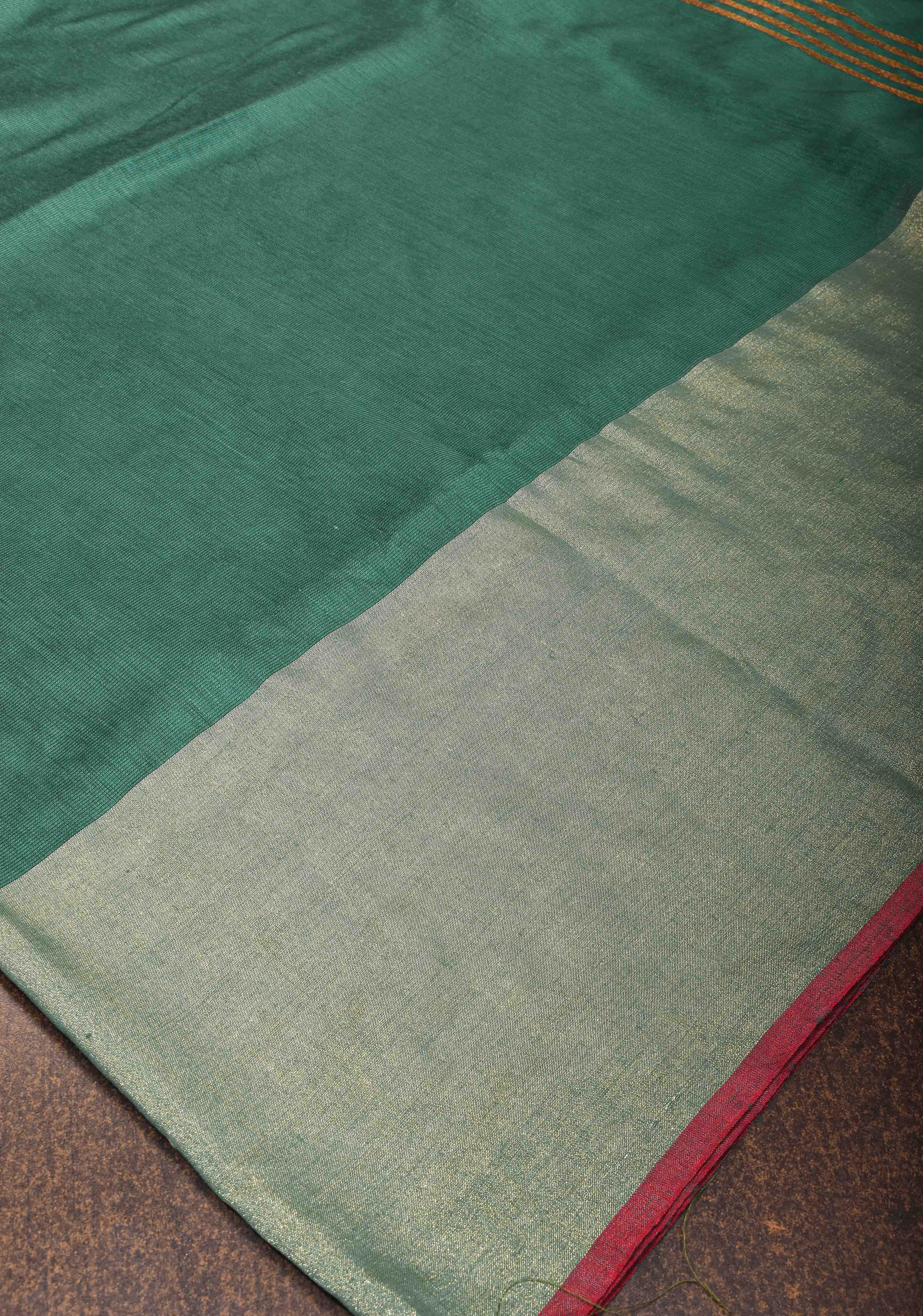 Dark Green Viscose Cotton Saree with Tissue Wide Border, no blouse piece | Shobitam