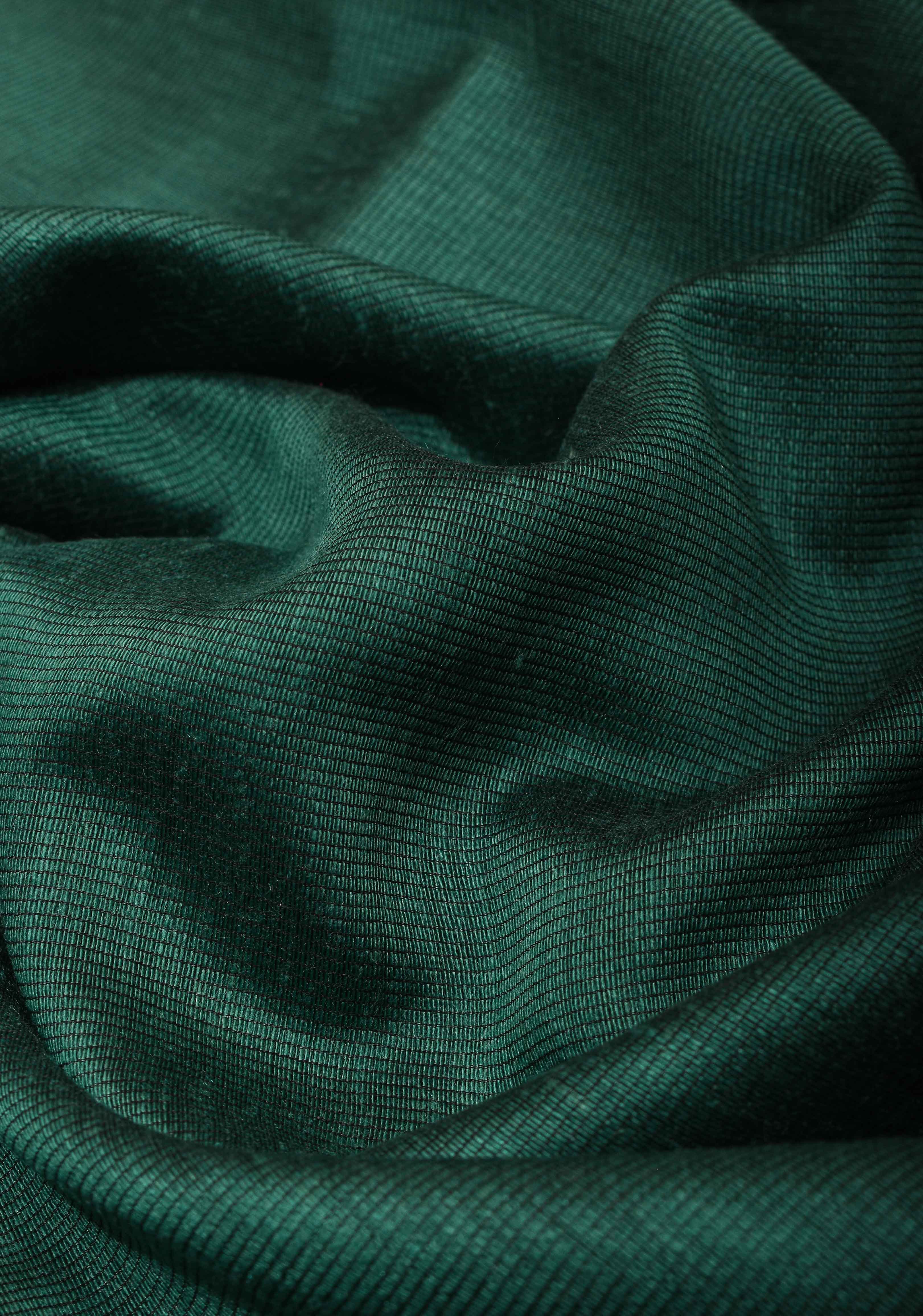 Dark Green Viscose Cotton Saree with Tissue Wide Border, no blouse piece | Shobitam