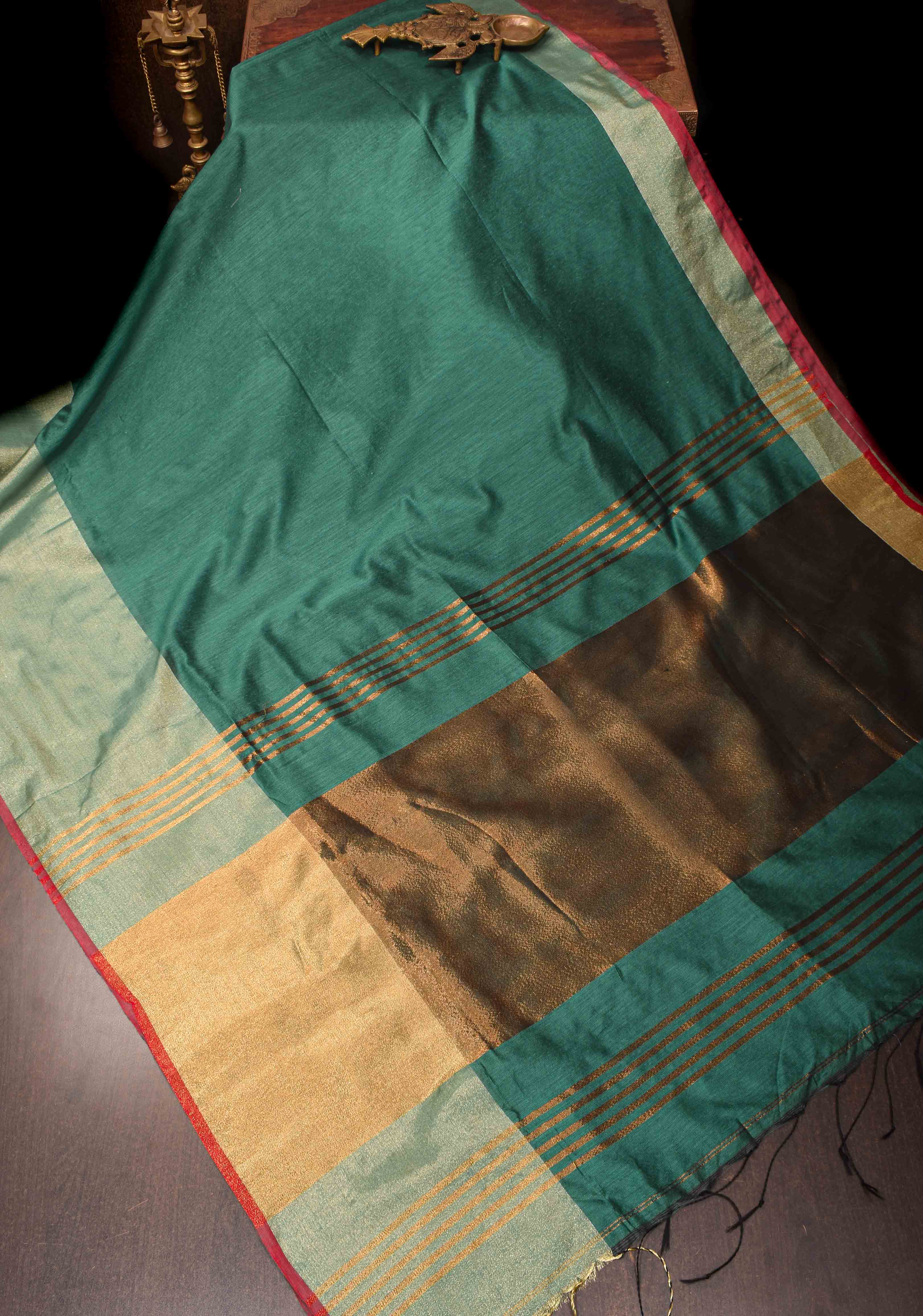 Dark Green Viscose Cotton Saree with Tissue Wide Border, no blouse piece