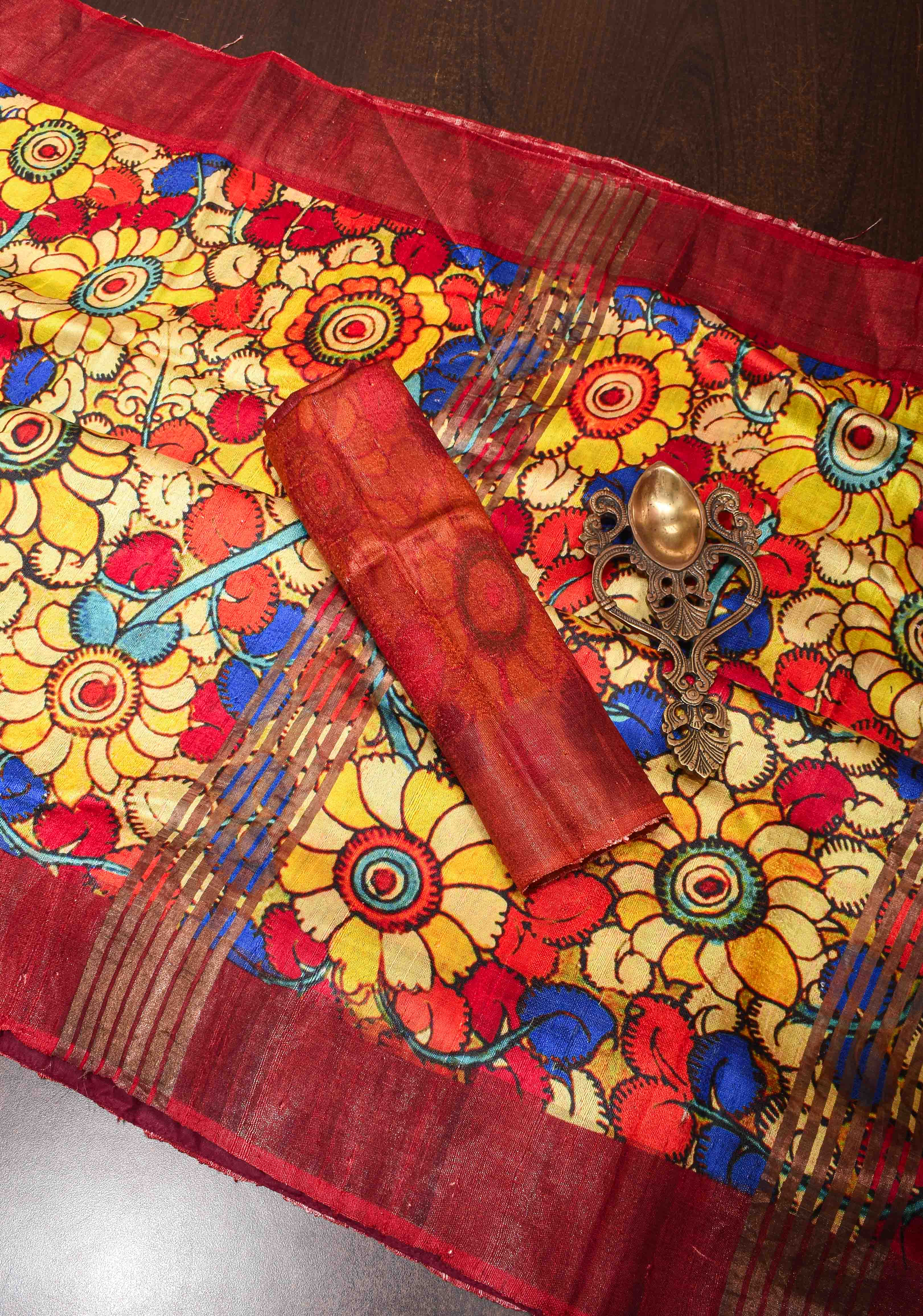 Tussar Raw Silk Saree in Multicolor with Kalamkari digital print | SILK MARK CERTIFIED | Shobitam