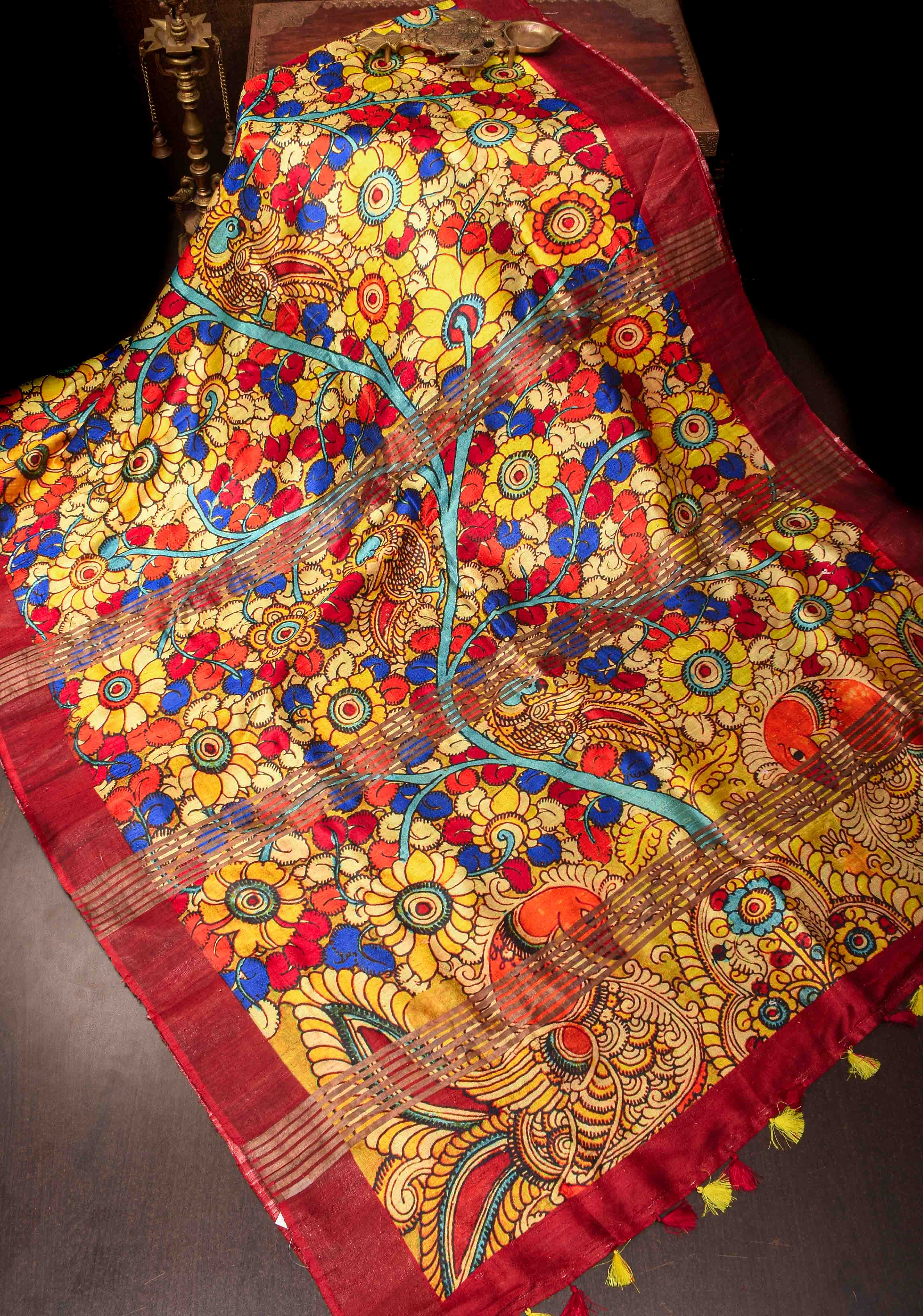 Tussar Raw Silk Saree in Multicolor with Kalamkari digital print | SILK MARK CERTIFIED | Shobitam