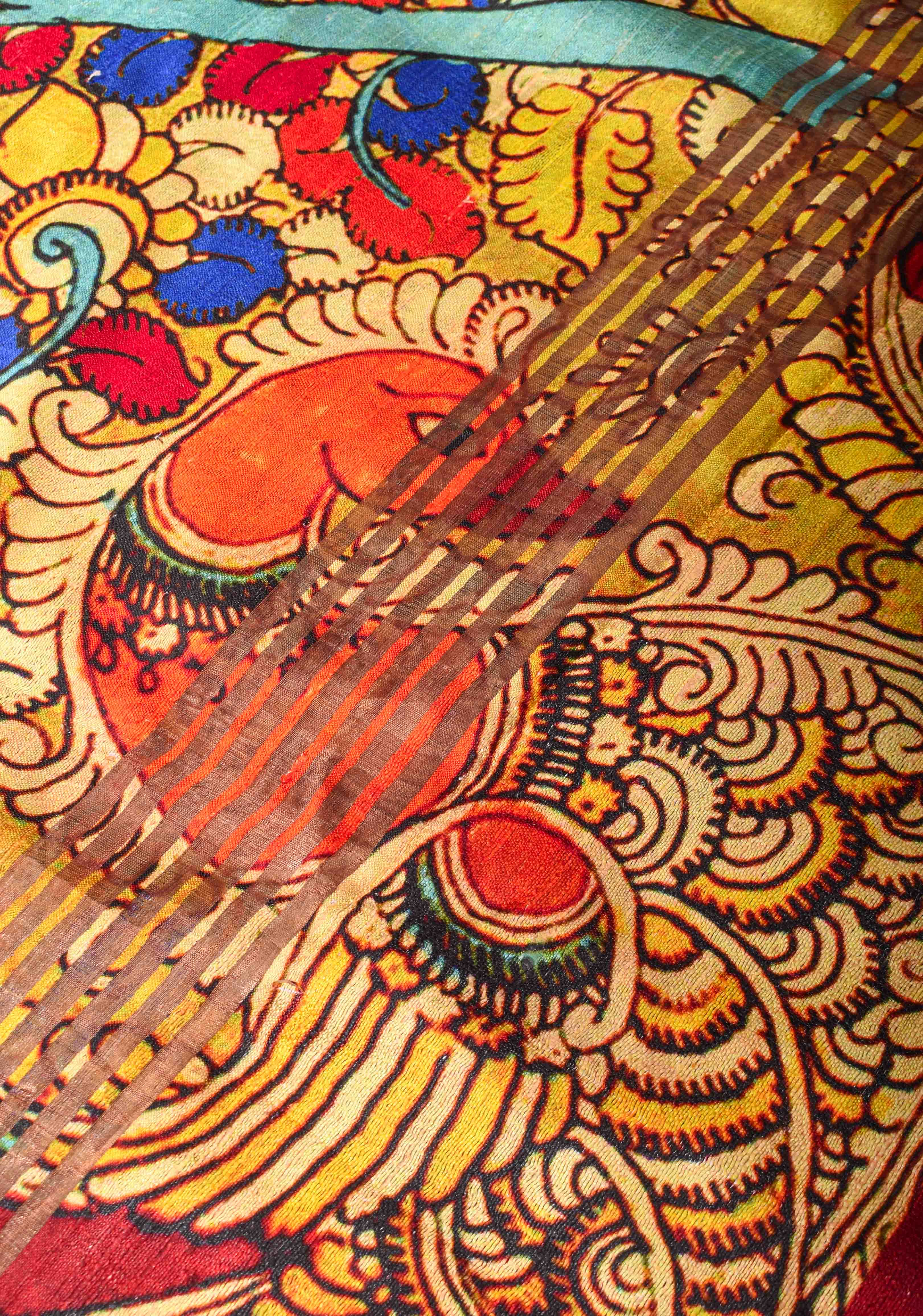 Tussar Raw Silk Saree in Multicolor with Kalamkari digital print | SILK MARK CERTIFIED | Shobitam