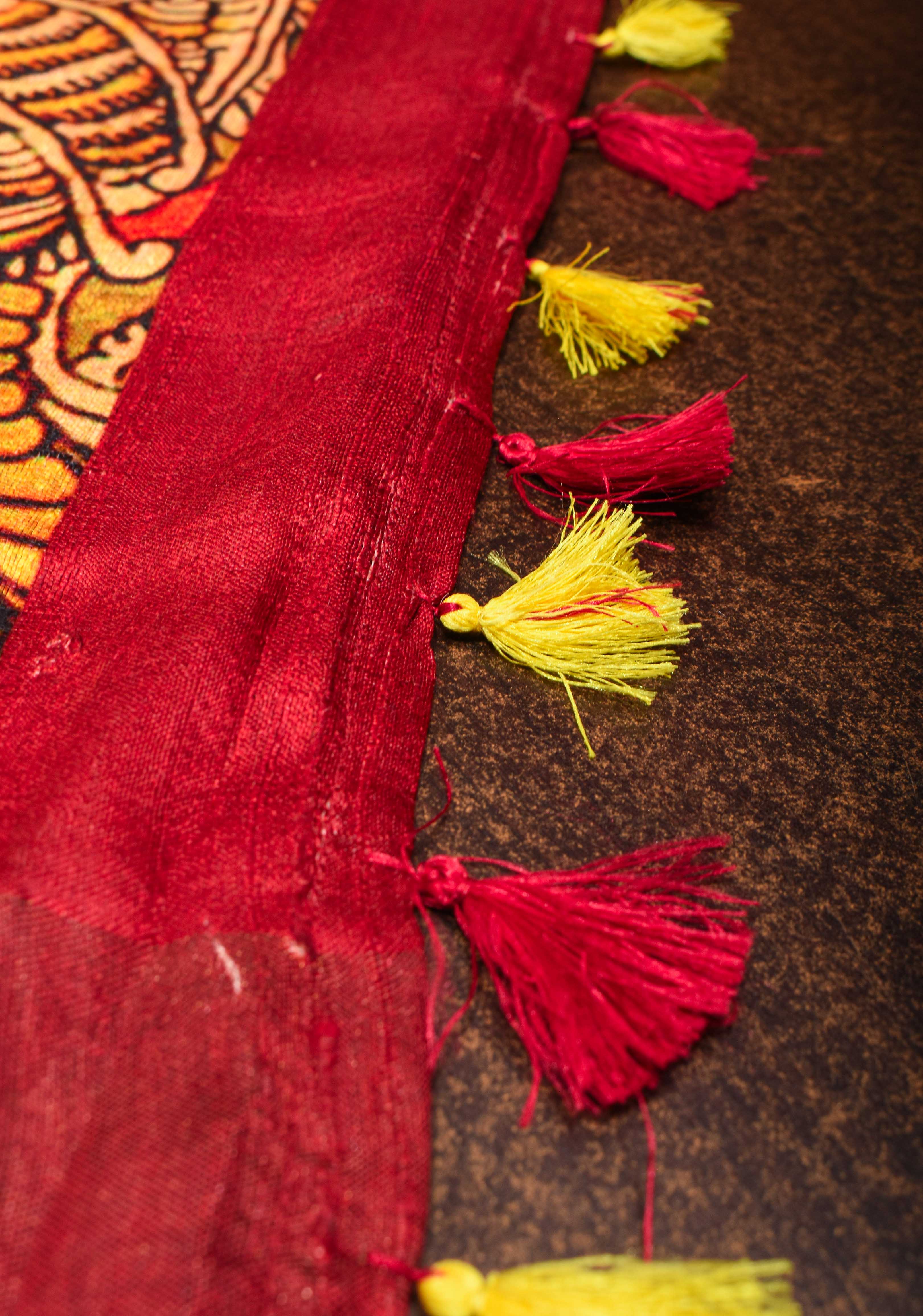 Tussar Raw Silk Saree in Multicolor with Kalamkari digital print | SILK MARK CERTIFIED | Shobitam