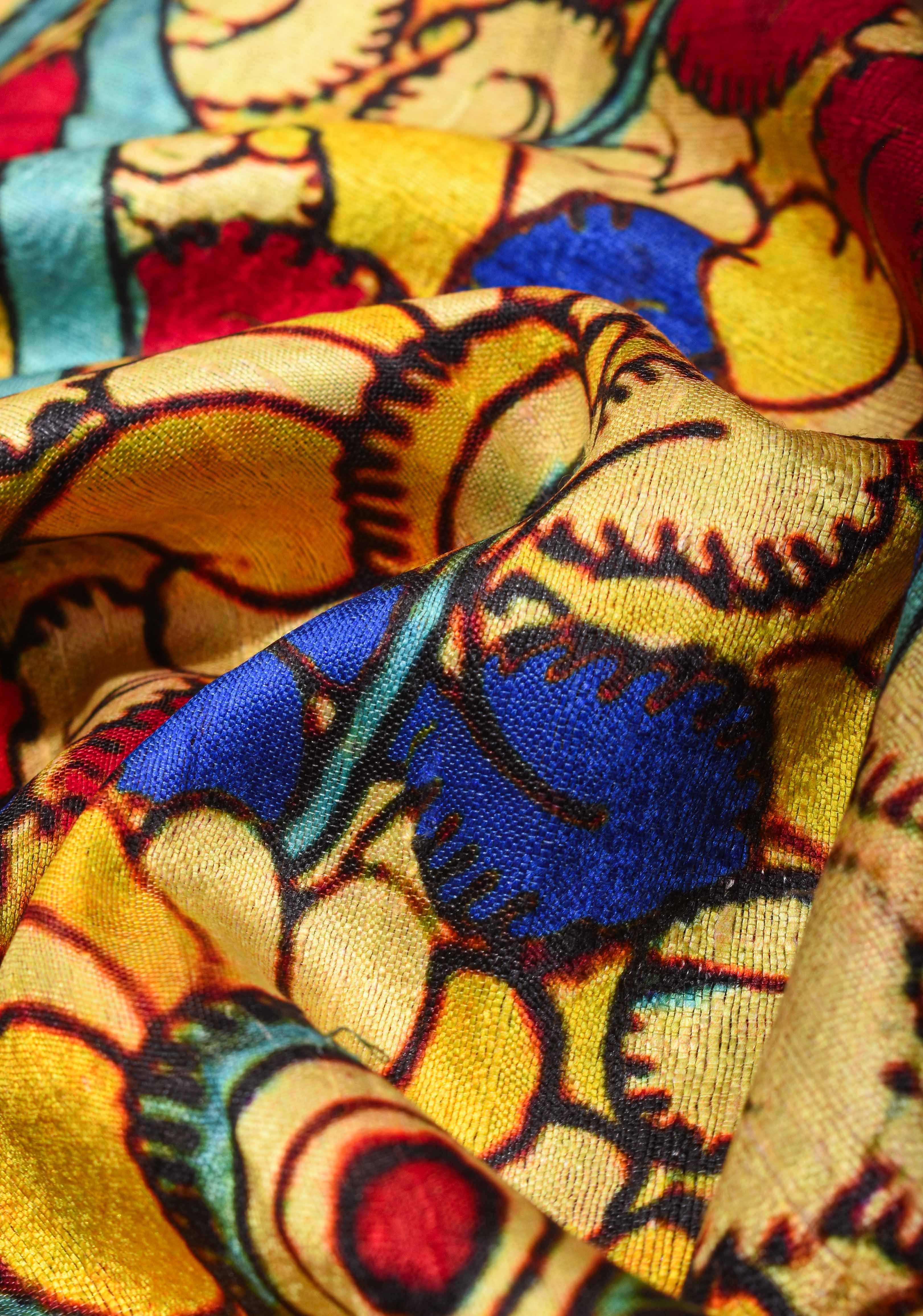Tussar Raw Silk Saree in Multicolor with Kalamkari digital print | SILK MARK CERTIFIED | Shobitam
