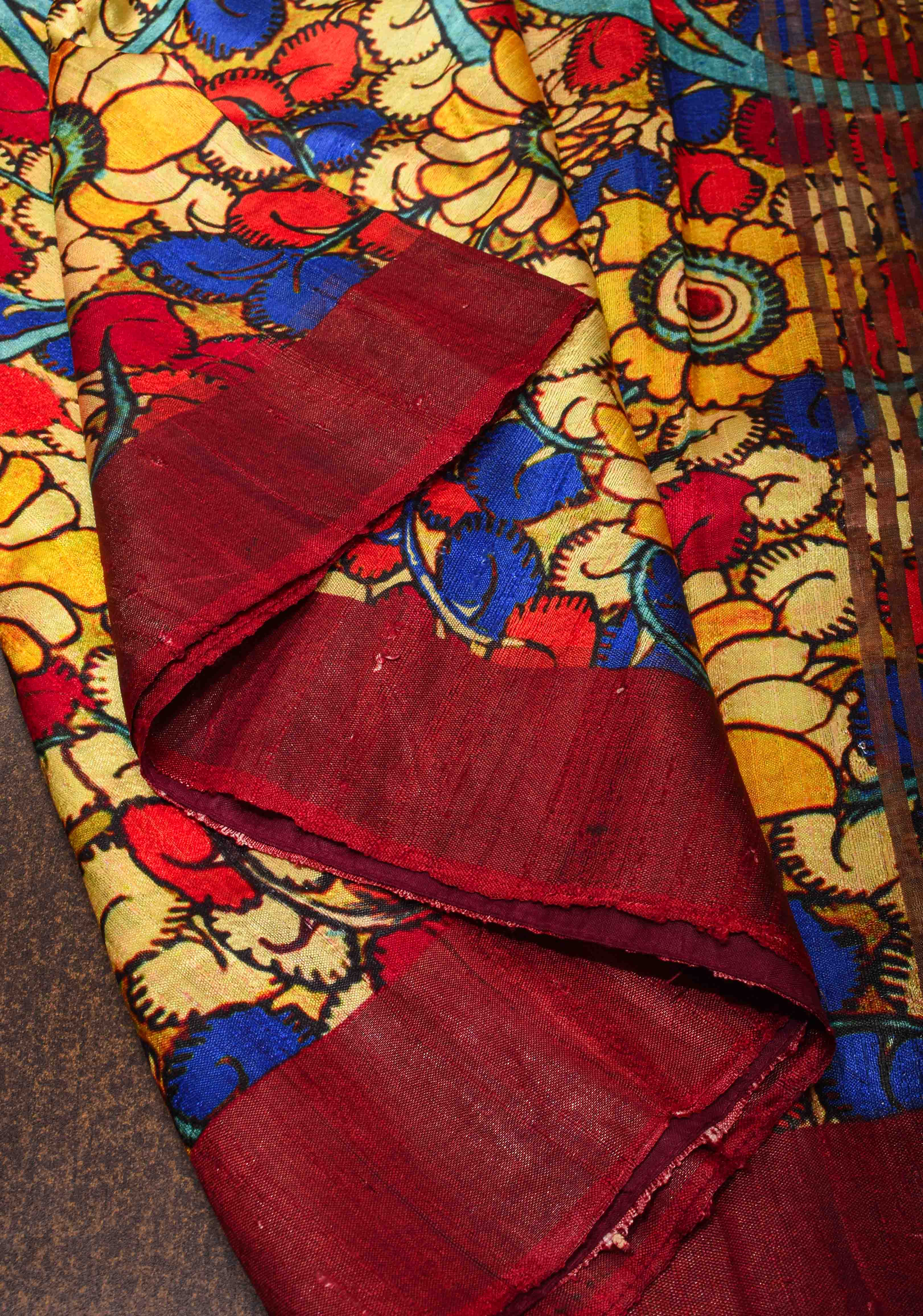 Tussar Raw Silk Saree in Multicolor with Kalamkari digital print | SILK MARK CERTIFIED | Shobitam