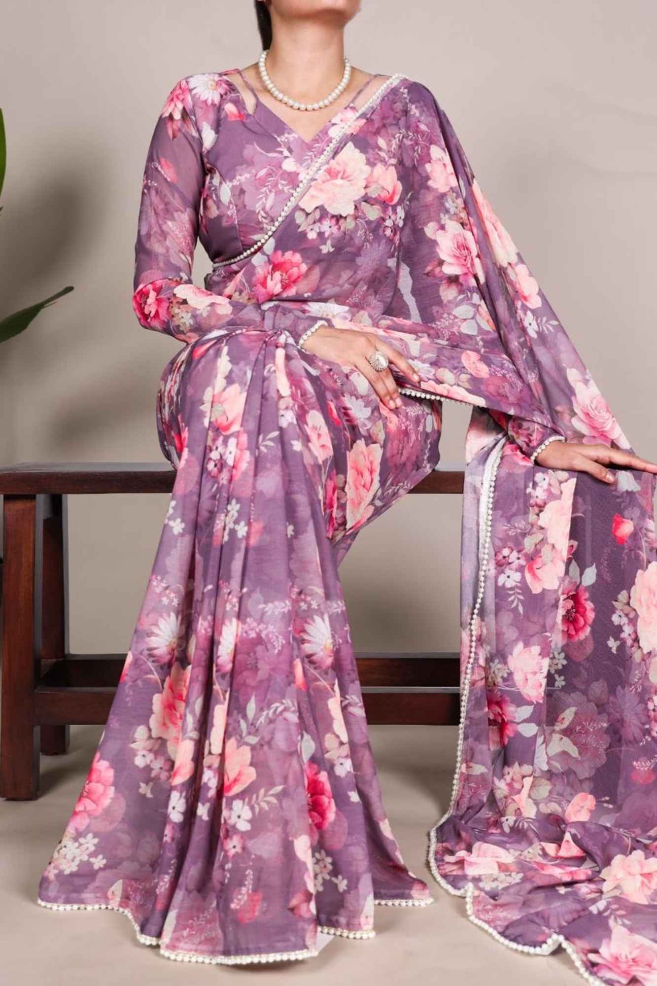 Purple Weightless Marble-Printed with Pearl Lace Border Ready Tom Wear Saree