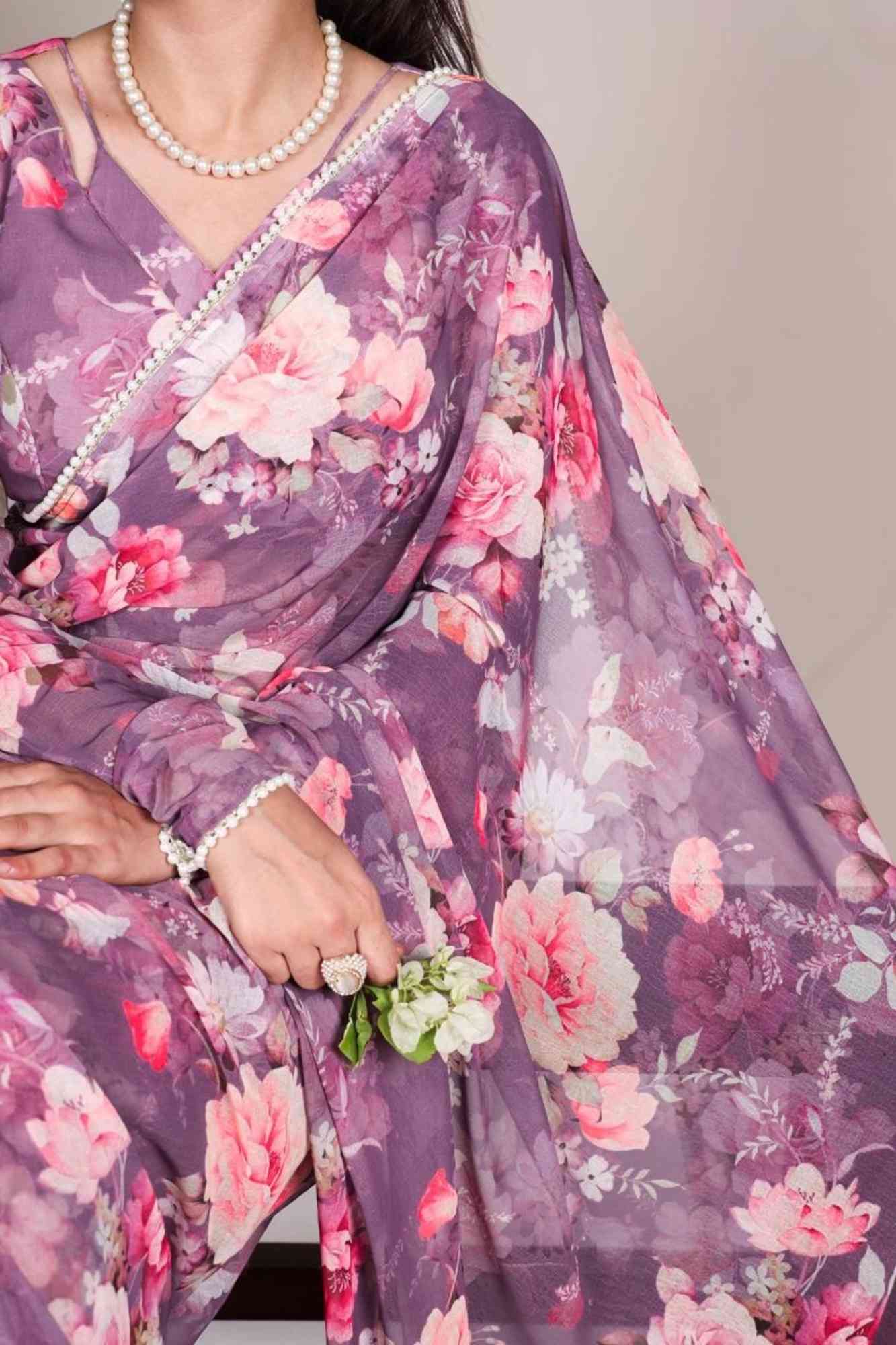 Purple Weightless Marble-Printed with Pearl Lace Border Ready Tom Wear Saree