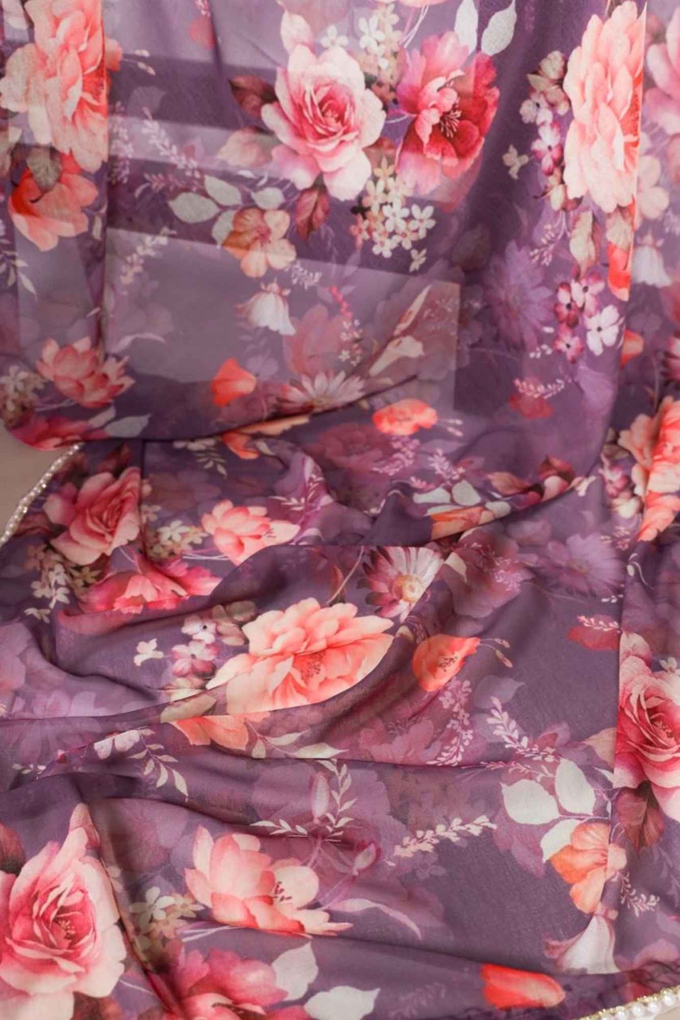 Purple Weightless Marble-Printed with Pearl Lace Border Ready Tom Wear Saree