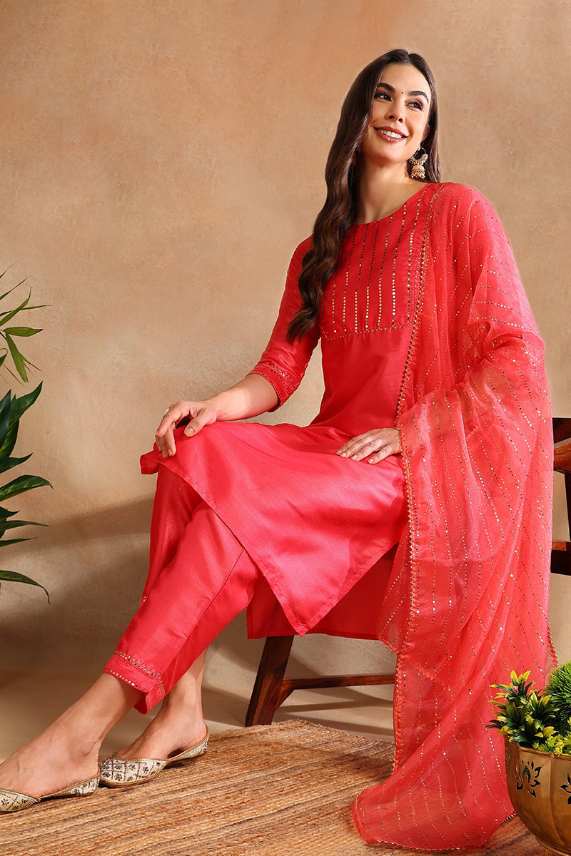 Fuchsia Poly Chanderi Solid Straight Suit Set | SHOBITAM