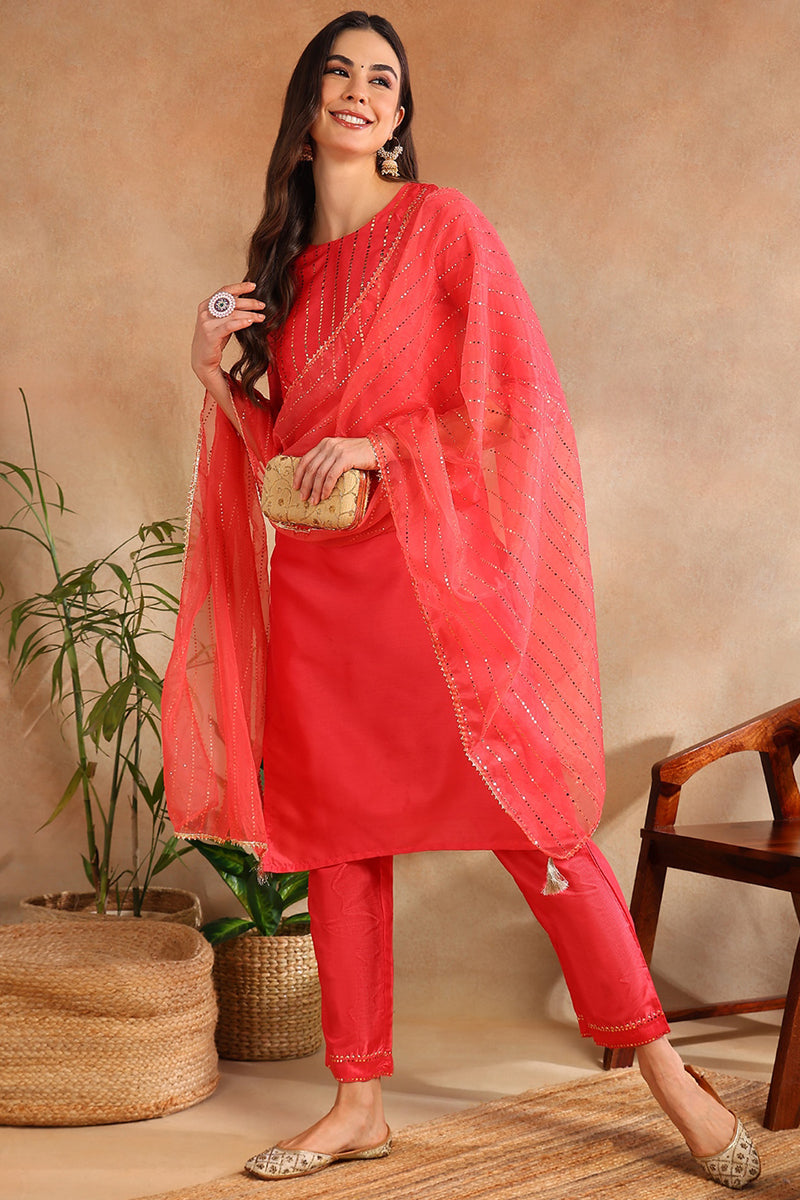 Fuchsia Poly Chanderi Solid Straight Suit Set | SHOBITAM