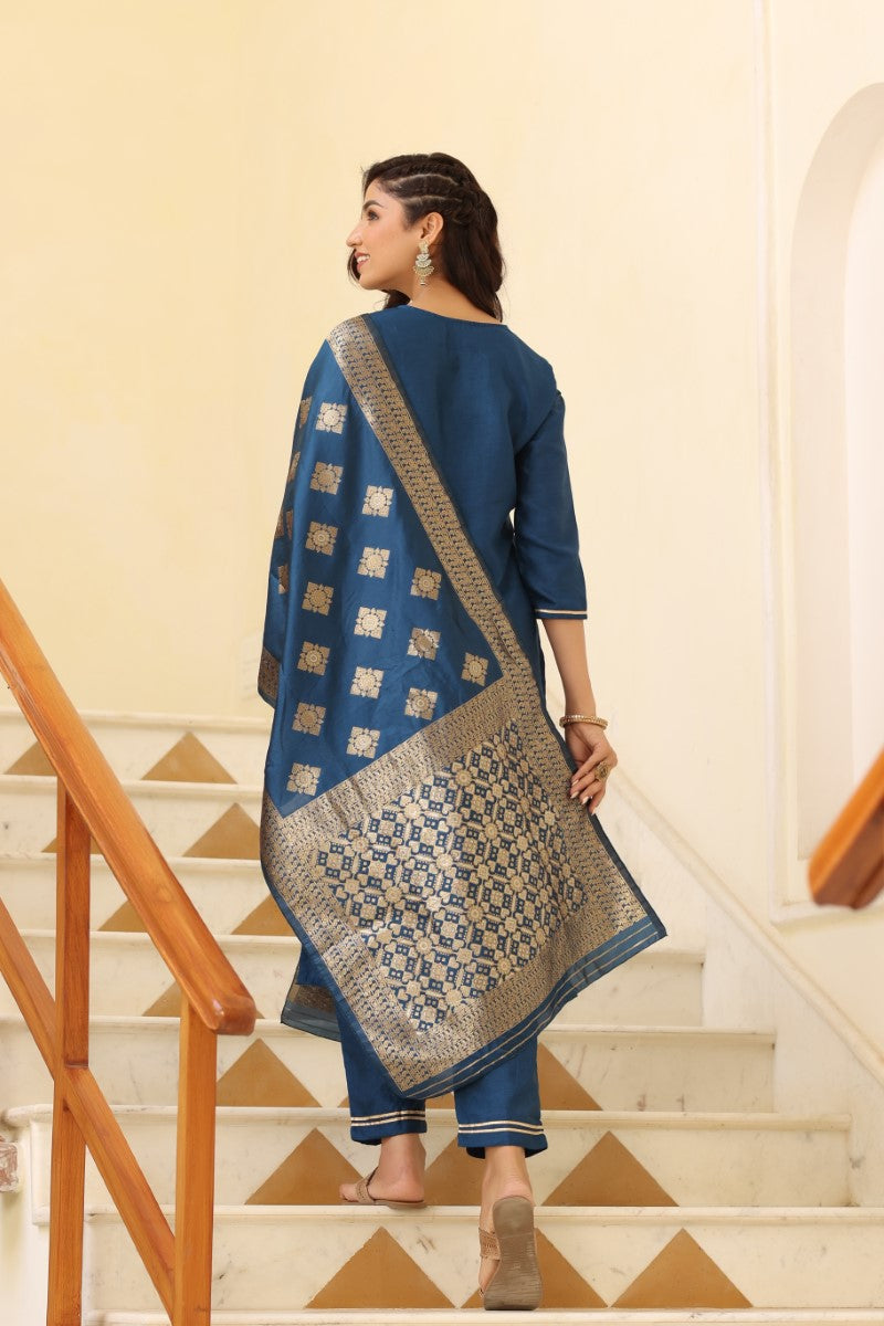Blue Poly Silk Solid Straight Suit Set | SHOBITAM