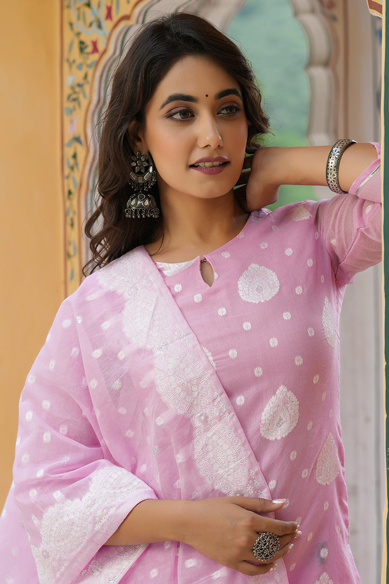 Pink Poly Chanderi Ethnic Motifs Straight Suit Set | SHOBITAM