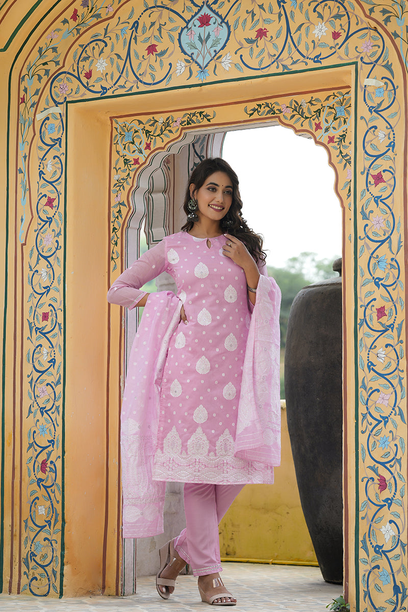 Pink Poly Chanderi Ethnic Motifs Straight Suit Set | SHOBITAM