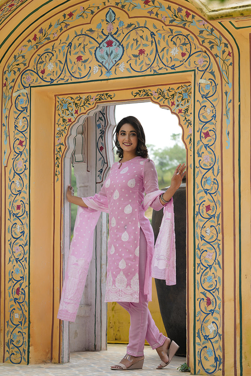 Pink Poly Chanderi Ethnic Motifs Straight Suit Set | SHOBITAM