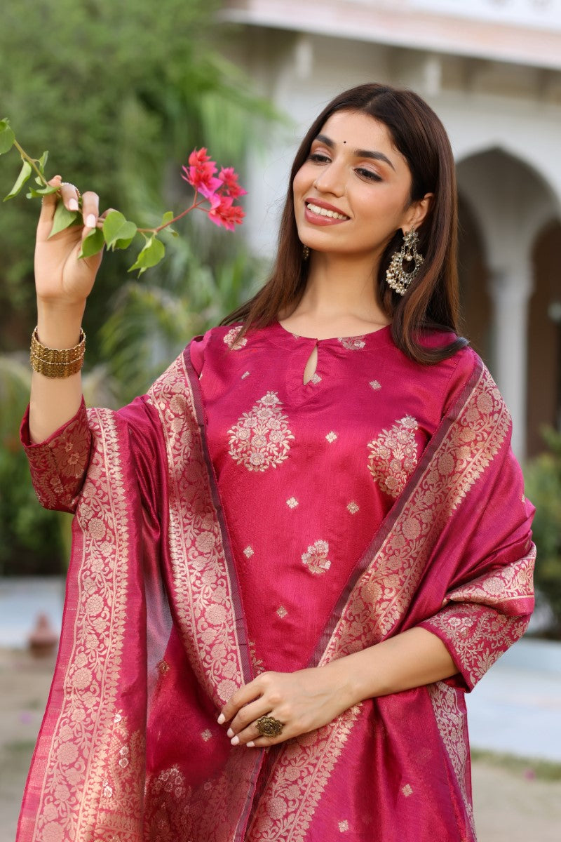 Women Maroon Woven Design Kurta Trousers With Dupatta | SHOBITAM