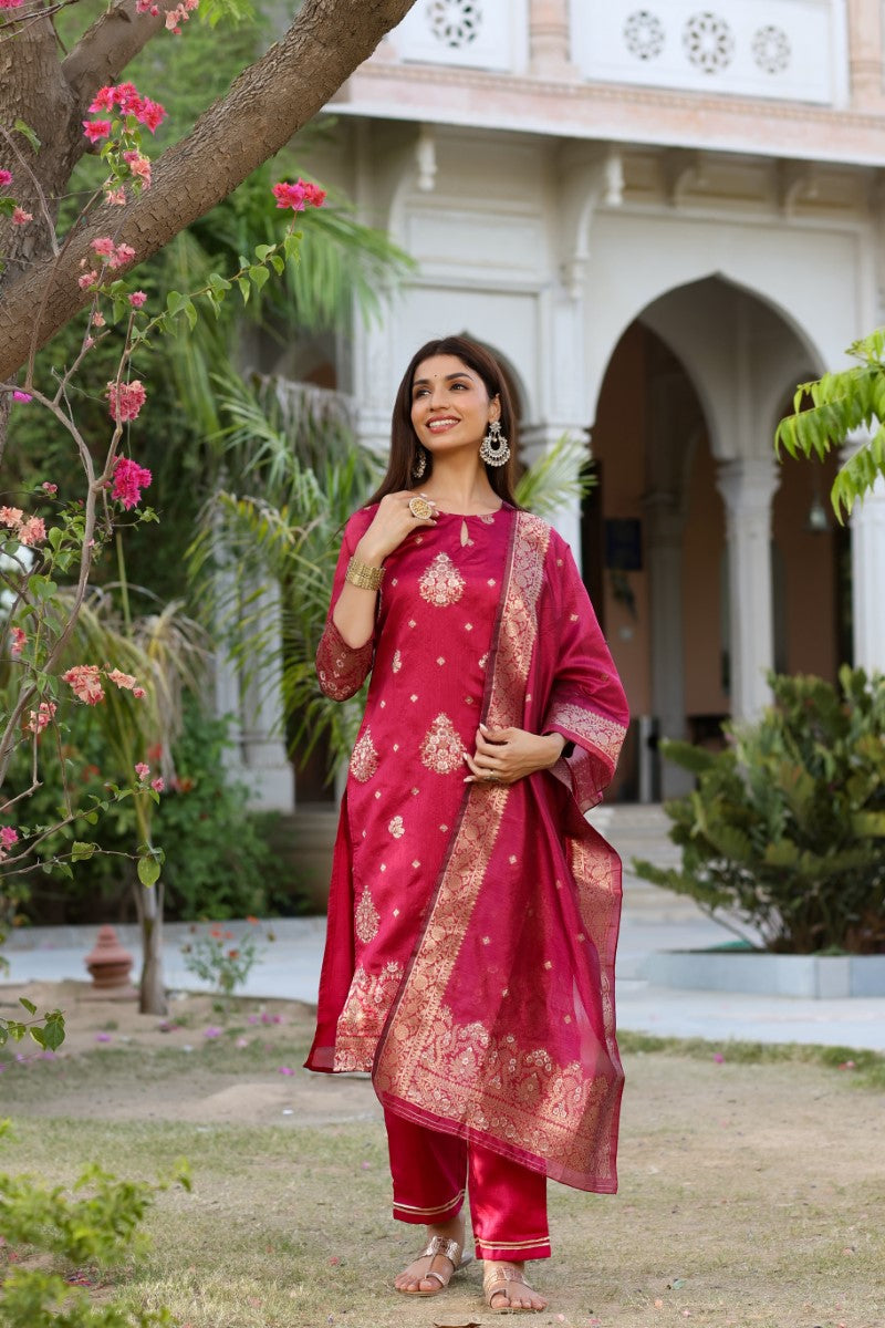 Women Maroon Woven Design Kurta Trousers With Dupatta | SHOBITAM
