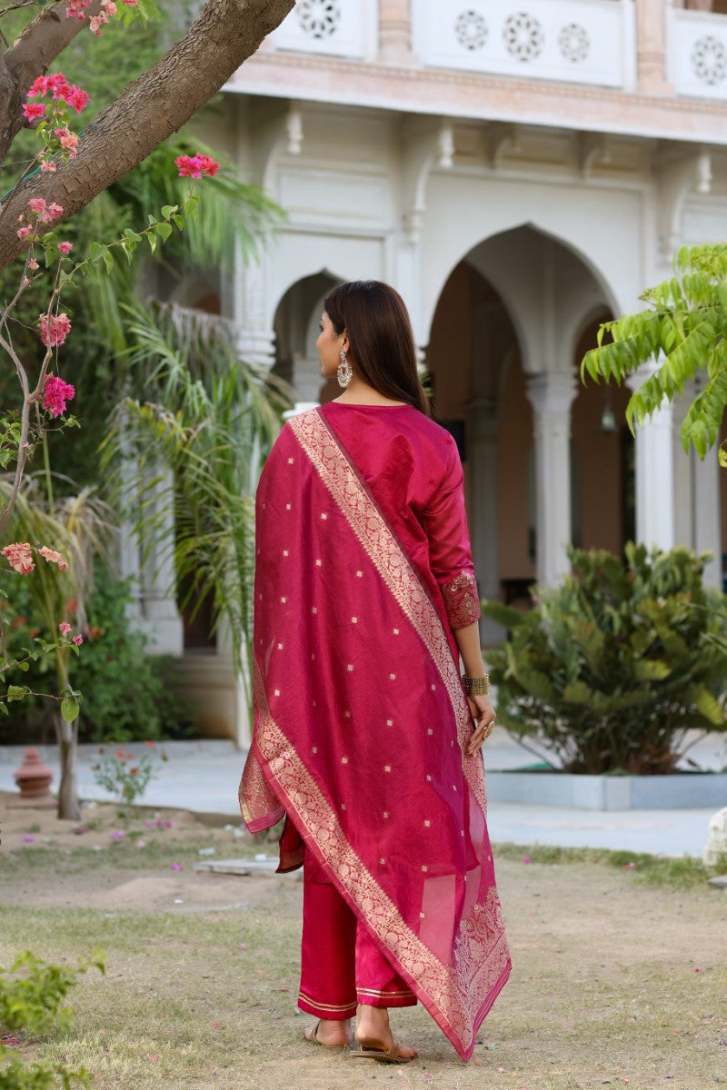 Women Maroon Woven Design Kurta Trousers With Dupatta | SHOBITAM