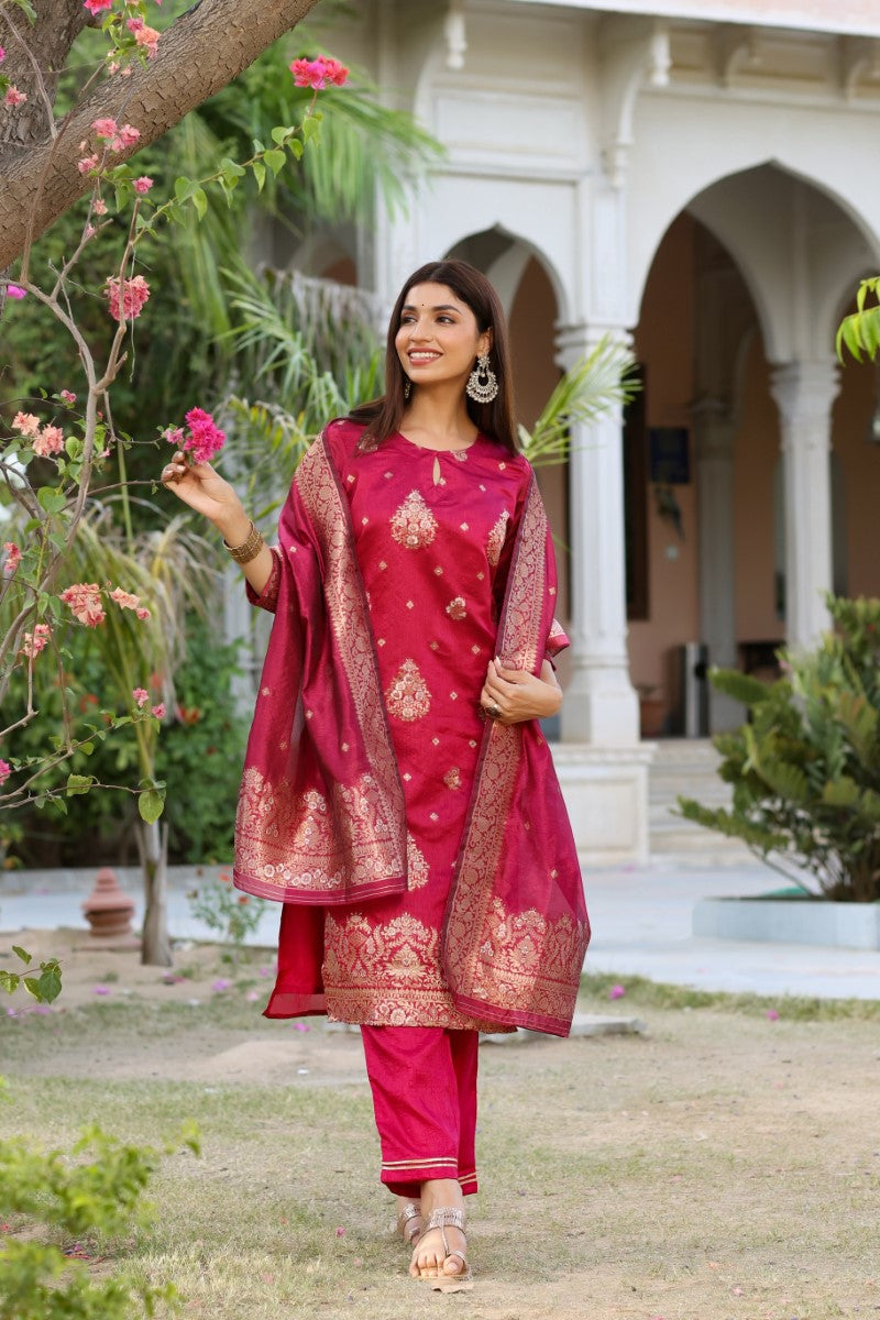 Women Maroon Woven Design Kurta Trousers With Dupatta | SHOBITAM