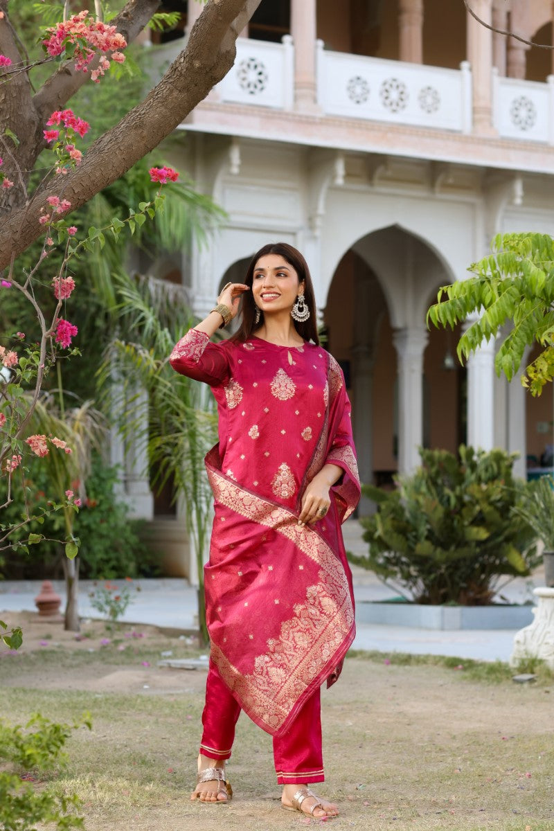 Women Maroon Woven Design Kurta Trousers With Dupatta | SHOBITAM