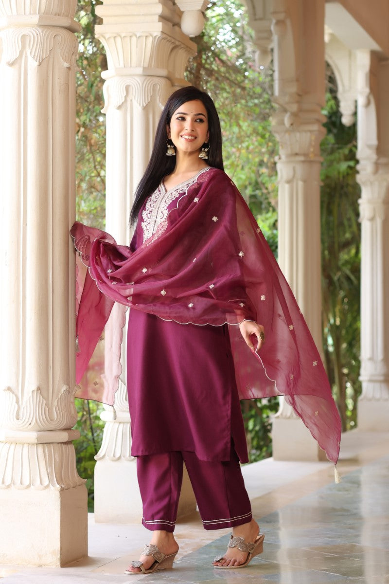 Wine Poly Silk Solid Embroidered Straight Suit Set | SHOBITAM