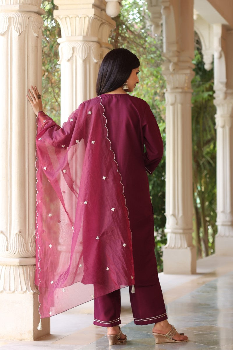 Wine Poly Silk Solid Embroidered Straight Suit Set | SHOBITAM