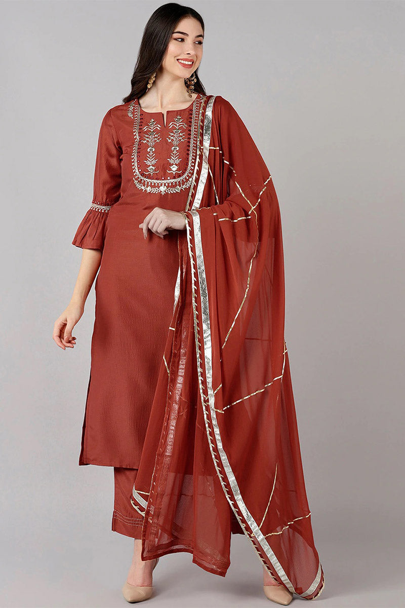 Rust Polyester Gotta Patti Straight Suit Set | SHOBITAM