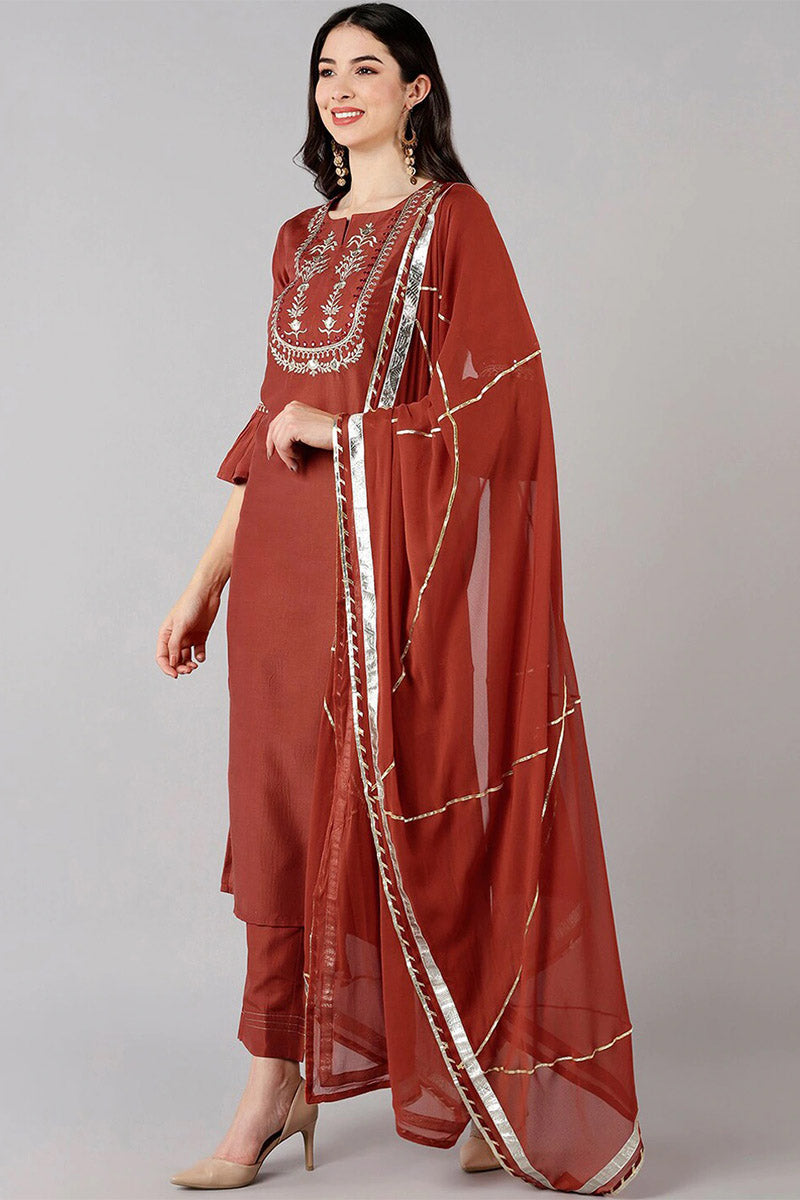 Rust Polyester Gotta Patti Straight Suit Set | SHOBITAM