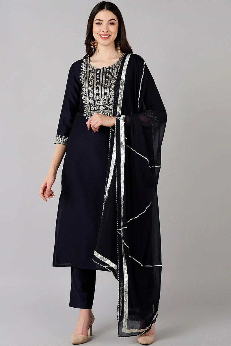 Navy Blue Polyester Straight Kurta Pant With Dupatta | SHOBITAM