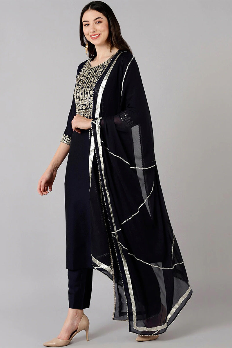 Navy Blue Polyester Straight Kurta Pant With Dupatta | SHOBITAM