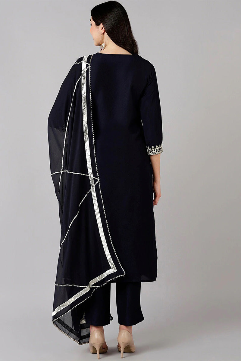 Navy Blue Polyester Straight Kurta Pant With Dupatta | SHOBITAM