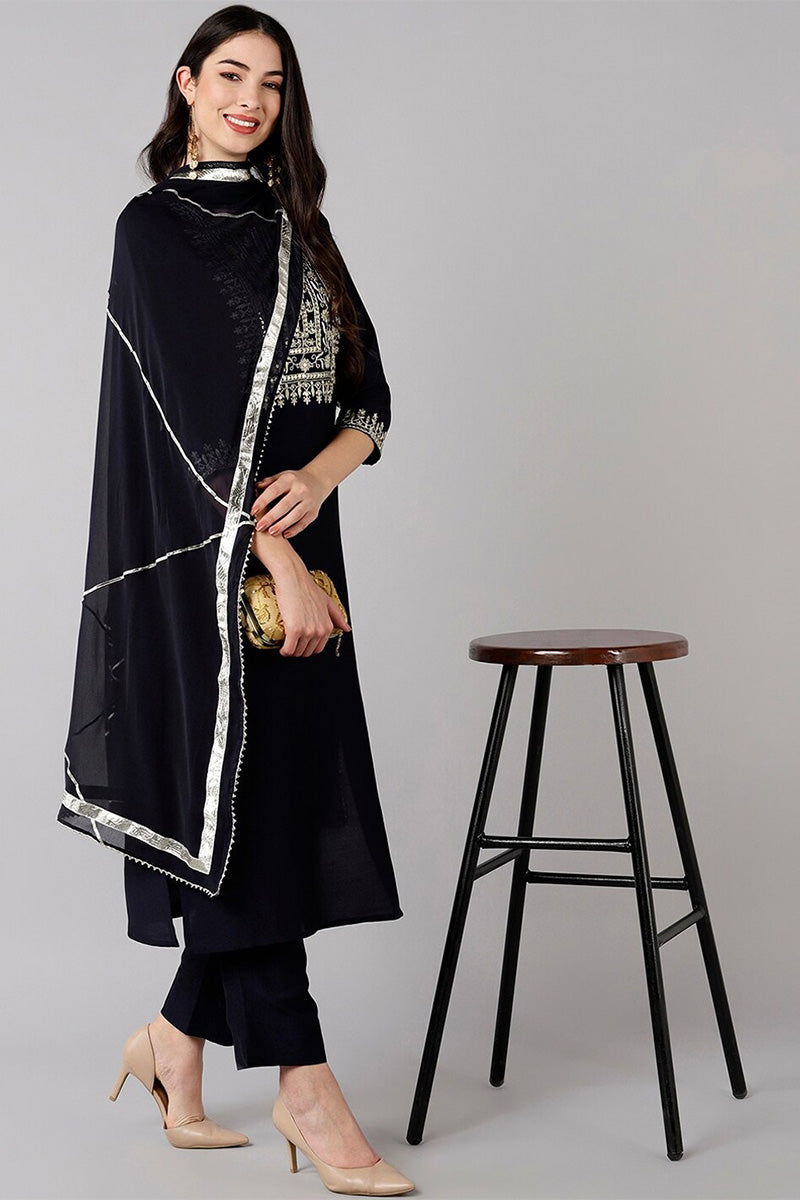 Navy Blue Polyester Straight Kurta Pant With Dupatta | SHOBITAM