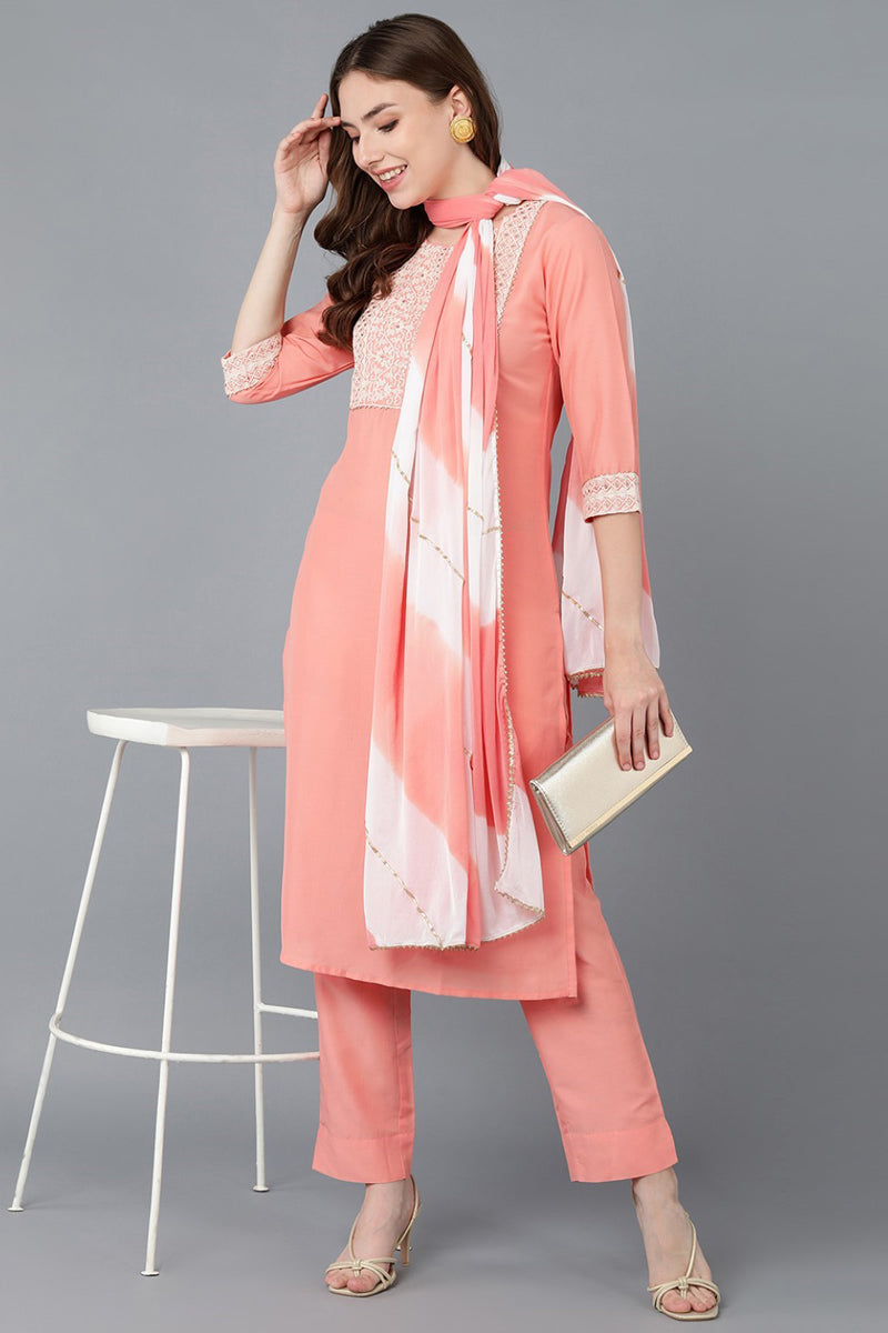 Peach Poly Silk Embroidered Straight Suit Set | SHOBITAM