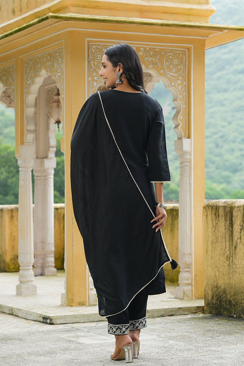 Black Poly Silk Thread Embroidered Suit Set | SHOBITAM