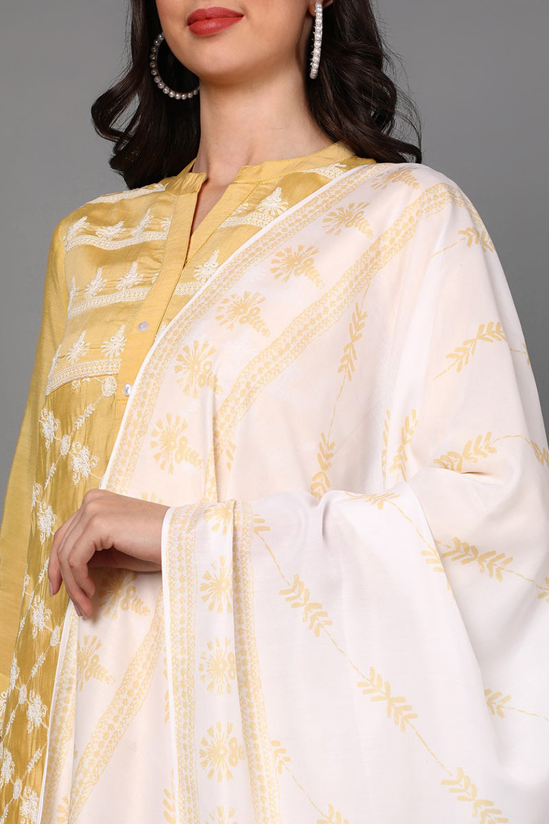 Yellow Poly Silk Ethnic Motifs Straight Suit Set | SHOBITAM