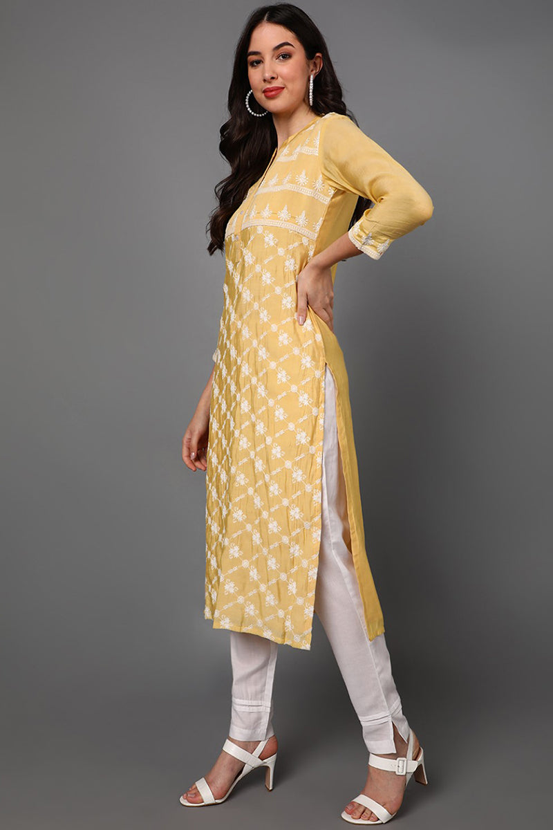 Yellow Poly Silk Ethnic Motifs Straight Suit Set | SHOBITAM