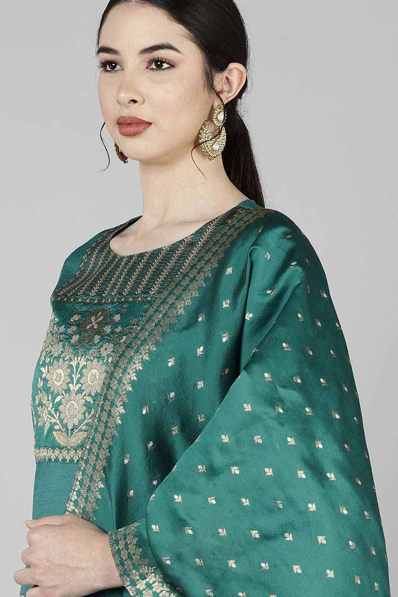 Teal Poly Silk Yoke Design Straight Suit Set | SHOBITAM