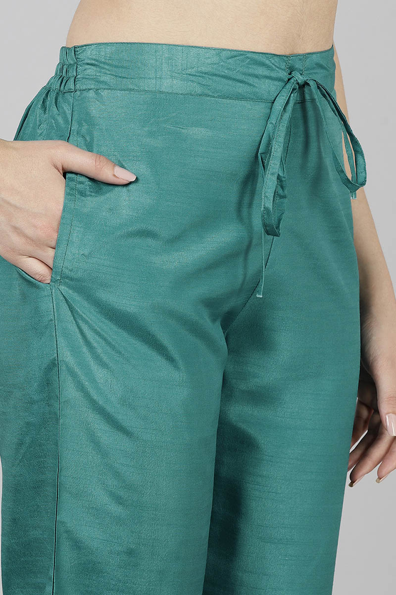Teal Poly Silk Yoke Design Straight Suit Set | SHOBITAM