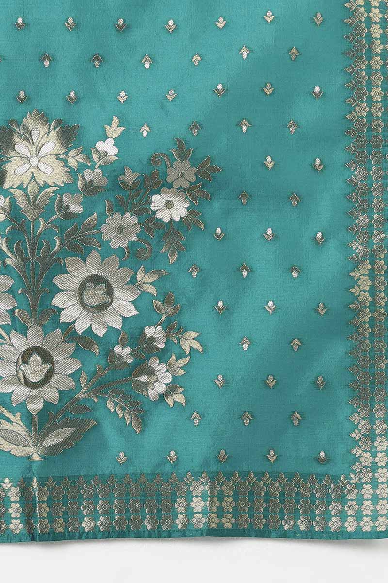 Teal Poly Silk Yoke Design Straight Suit Set | SHOBITAM