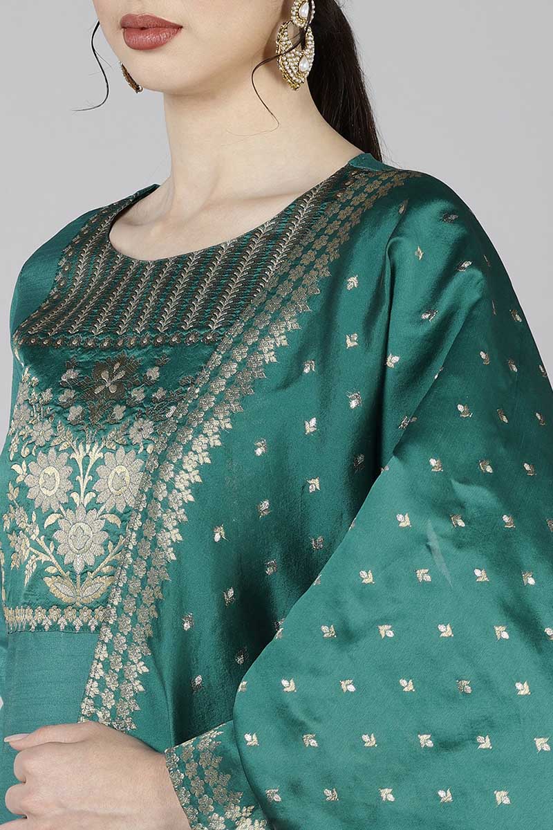 Teal Poly Silk Yoke Design Straight Suit Set | SHOBITAM