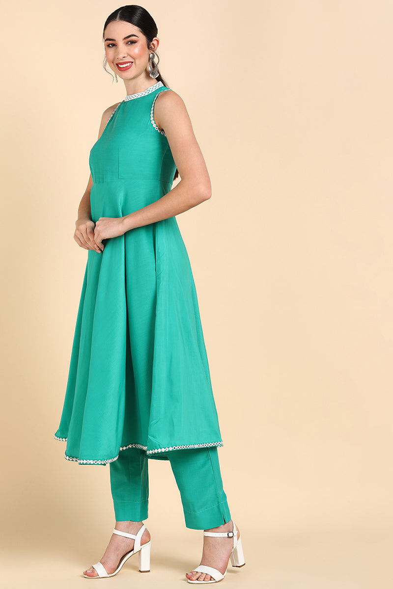 Green Poly Silk Anarkali Suit Set | SHOBITAM