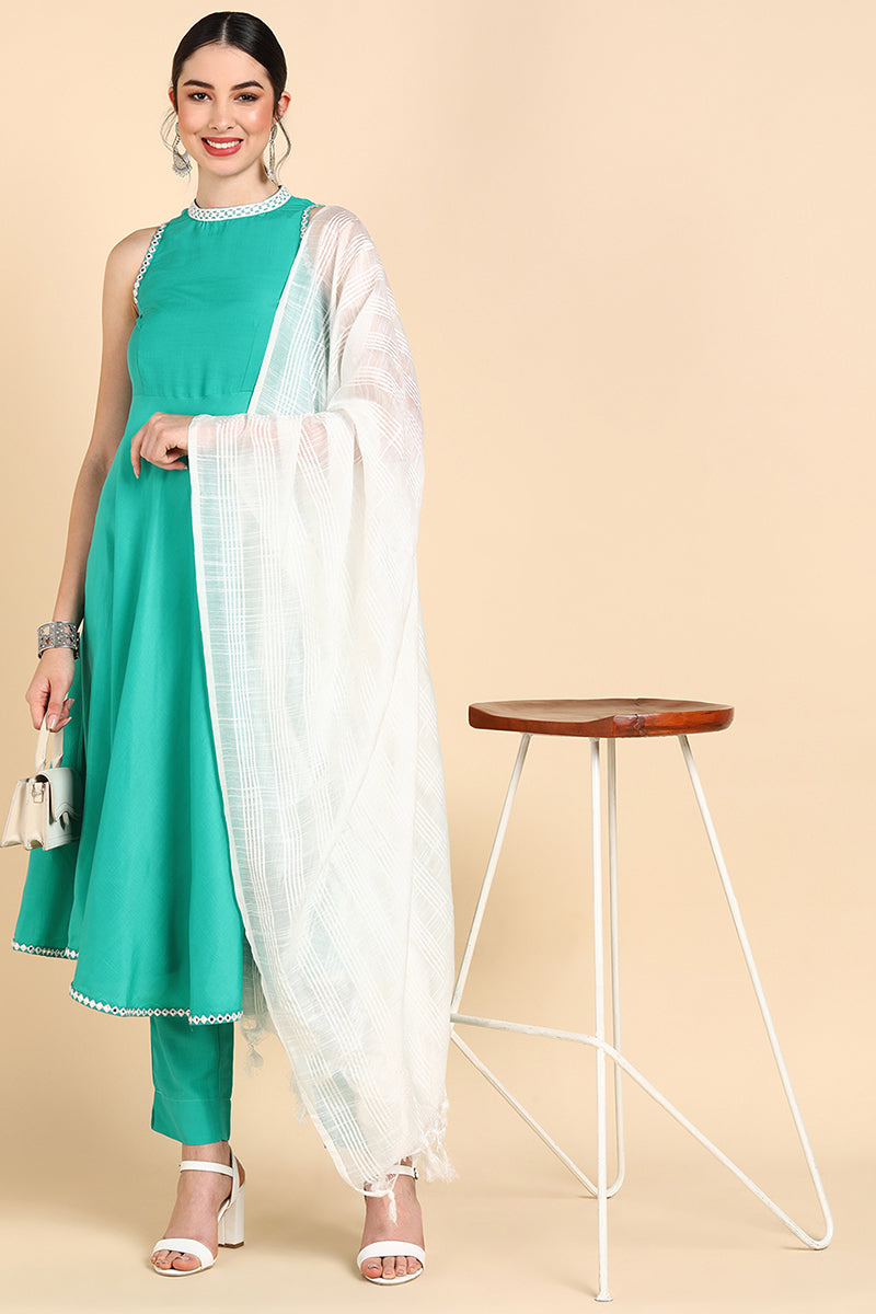 Green Poly Silk Anarkali Suit Set | SHOBITAM