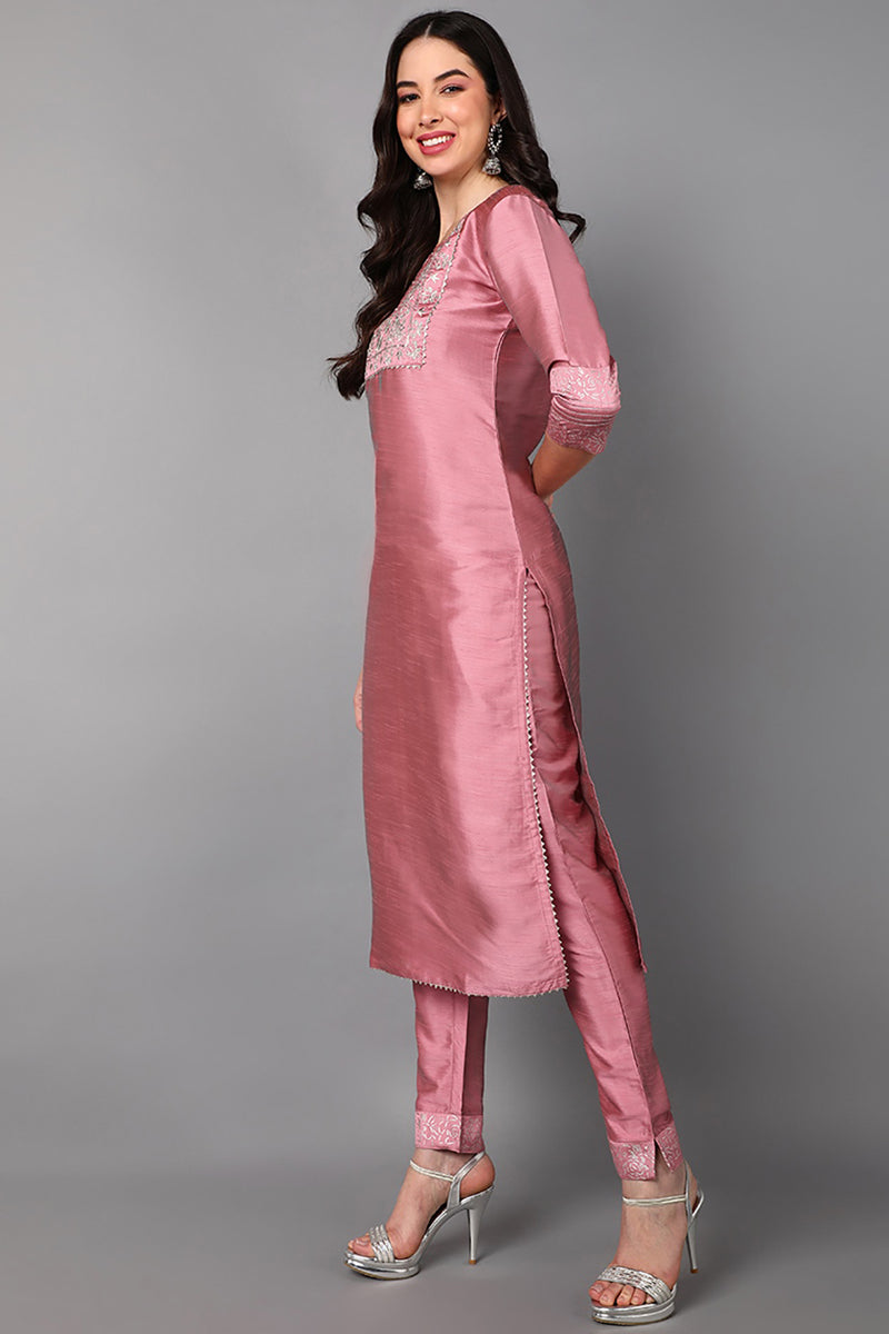 Pink Floral Yoke Design Panelled Suit Set | SHOBITAM