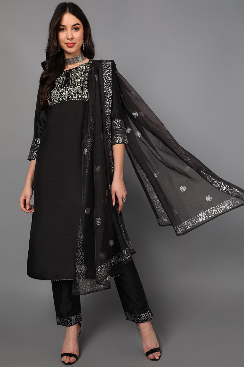 Black Floral Yoke Design Panelled Suit Set | SHOBITAM