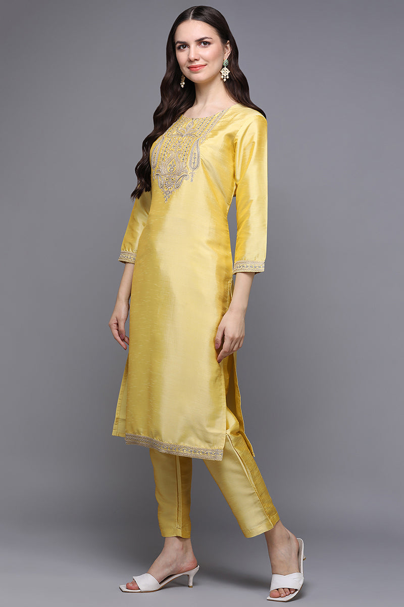 Yellow Poly Silk Floral Straight Suit Set | SHOBITAM